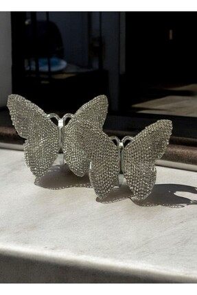 Elioure Şık 2'li Taşlı Kelebek Obje, Ev Dekorasyonu İçin Göz Alıcı Gümüş ve A...