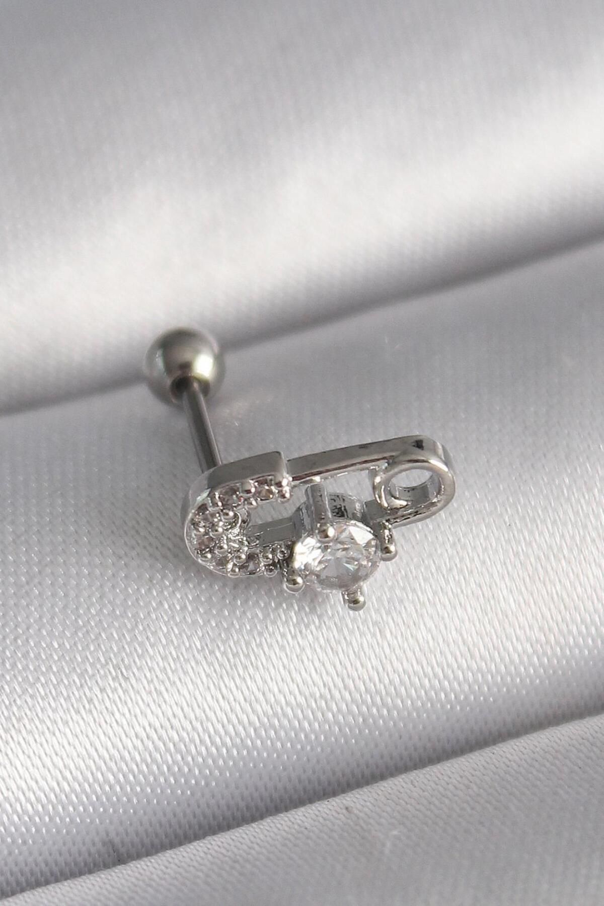 AfraBeauty 316L Çelik Gümüş Renk Zirkon Taşlı Toplu İğne Tragus Piercing