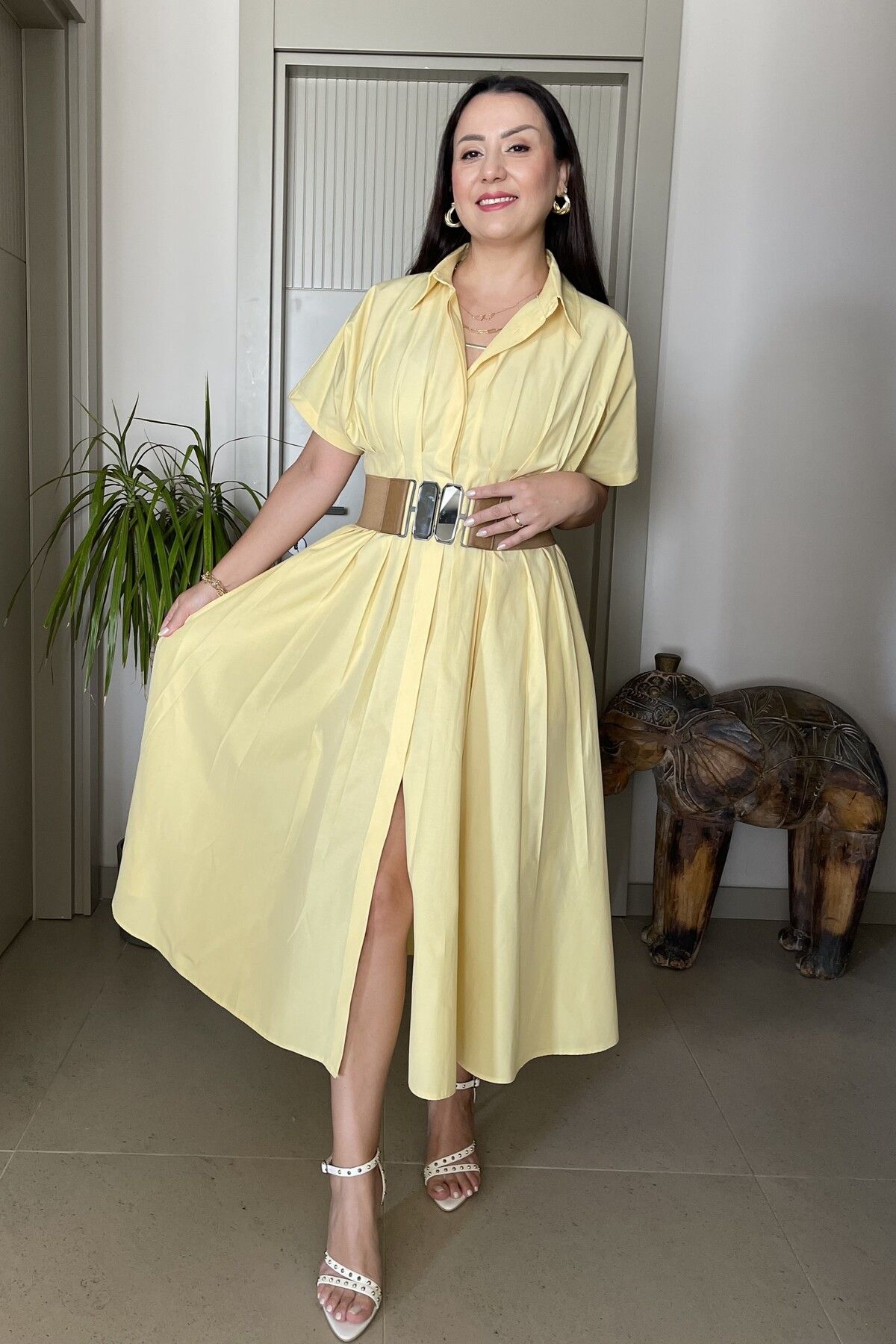 Butik Pileli Önü Full Düğme Kapamalı Gömlek Yaka Midi Boy Poplin Elbise
