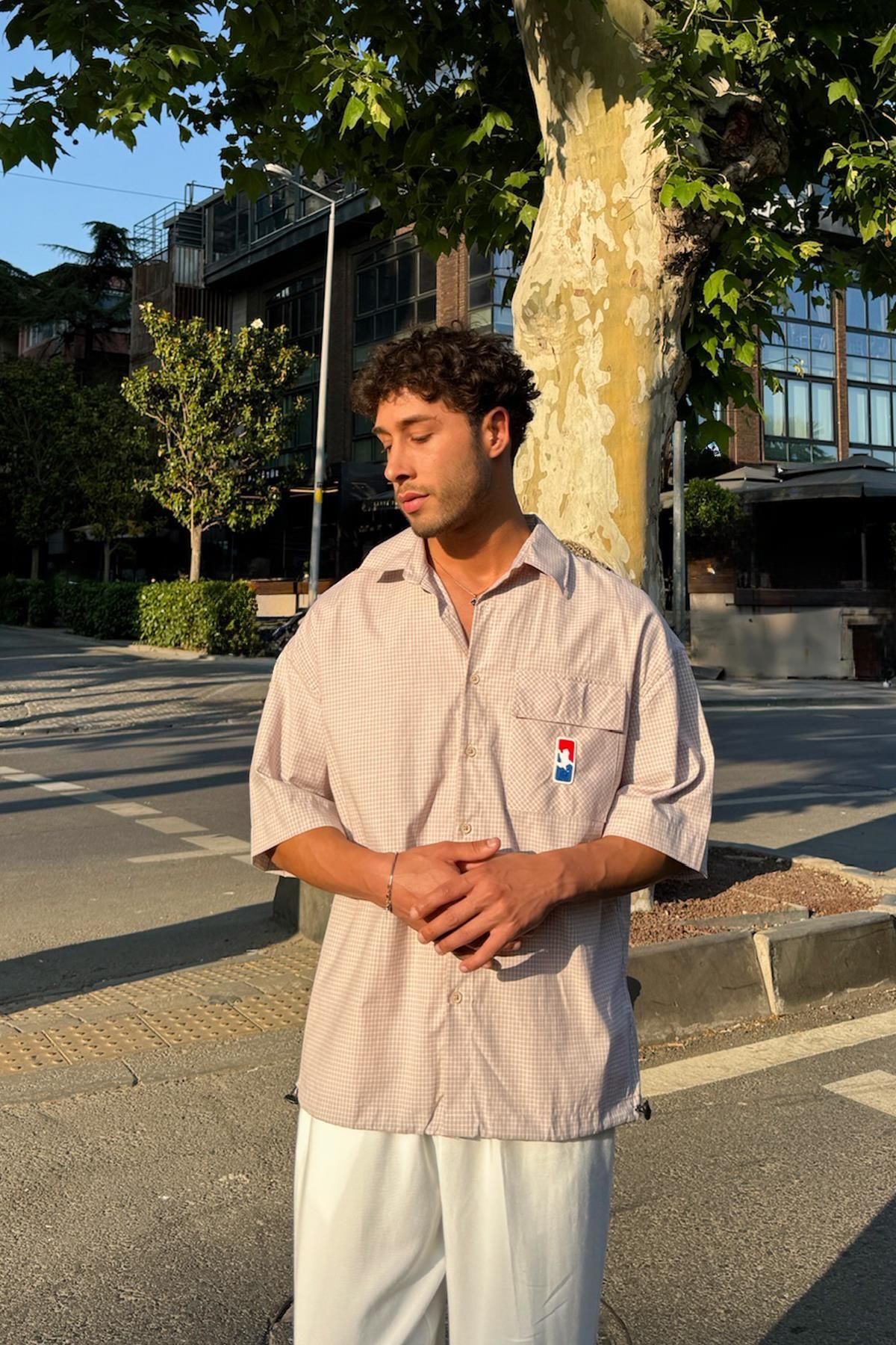 Flaw Wear Ayarlanabilir Model Kareli Bej Kısa Kol Gömlek