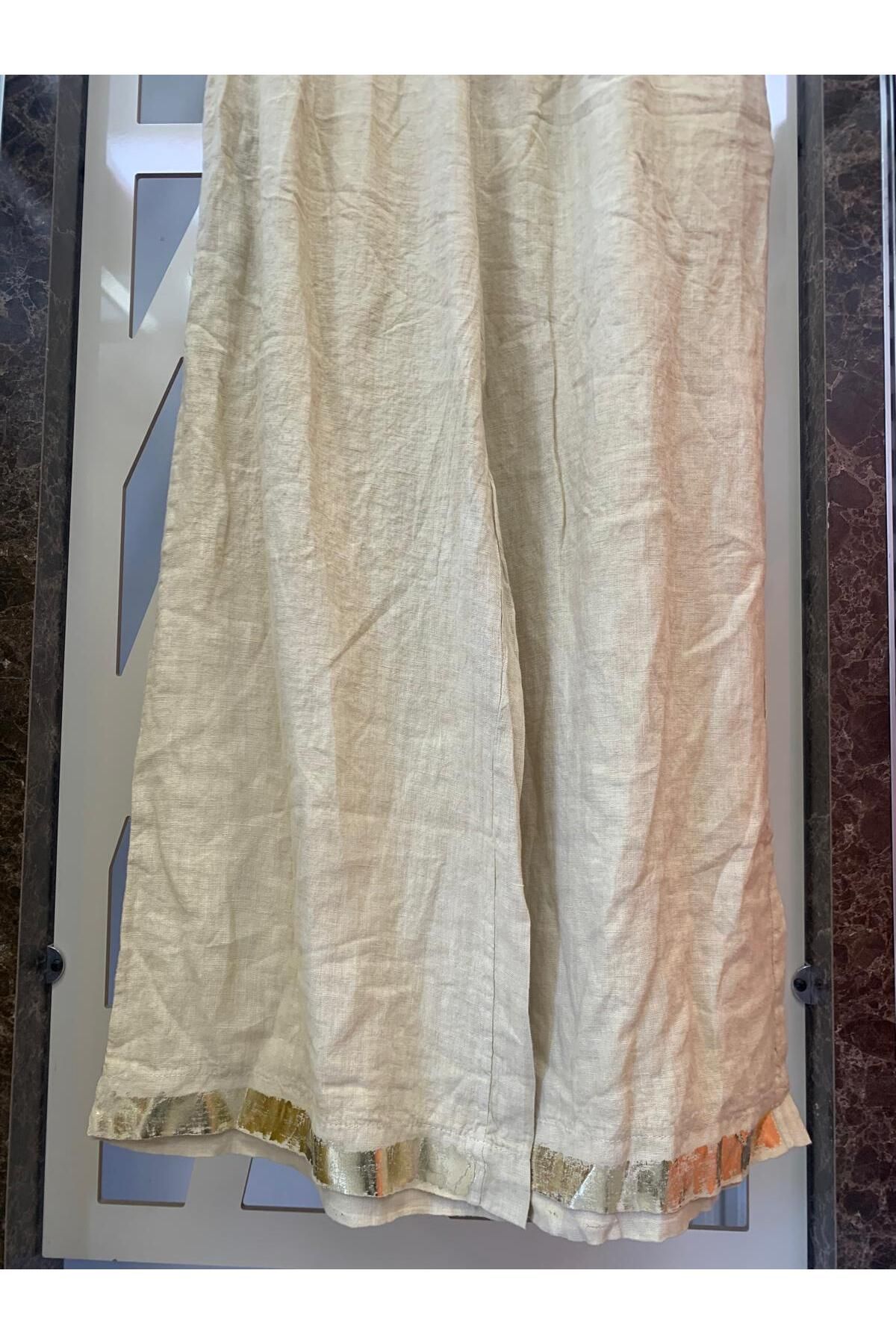 günay boutıque Varak Detaylı Organik Keten Bol Paça PANTOLON-SARI