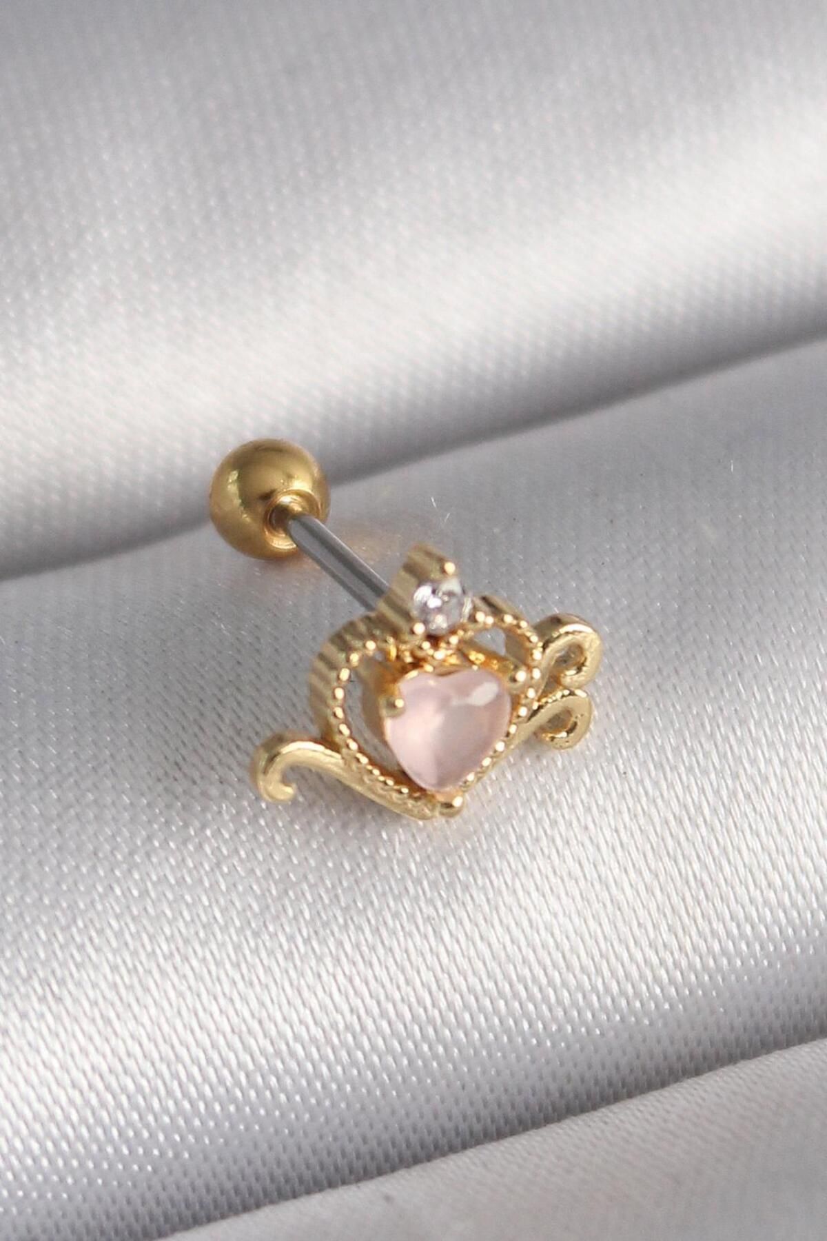 AfraBeauty 316L Çelik Gold Renk Pembe Mineli Kalp Zirkon Taş Detay Tragus Piercing
