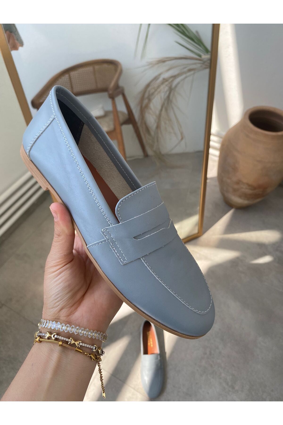 LA PASSION Hakiki Deri Mavi kadın loafer ayakkabı
