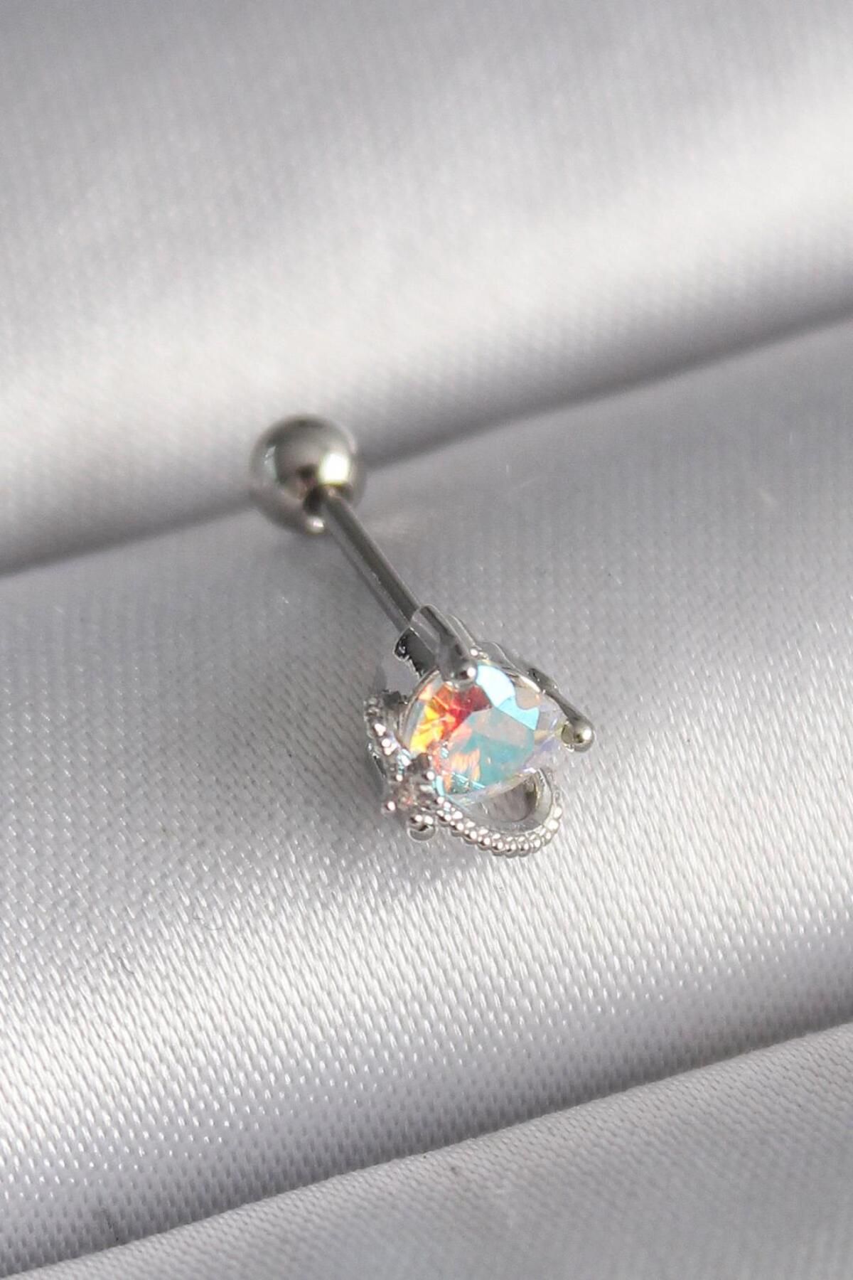 AfraBeauty 316L Çelik Gümüş Renk Zirkon Taşlı Kalp Tragus Piercing