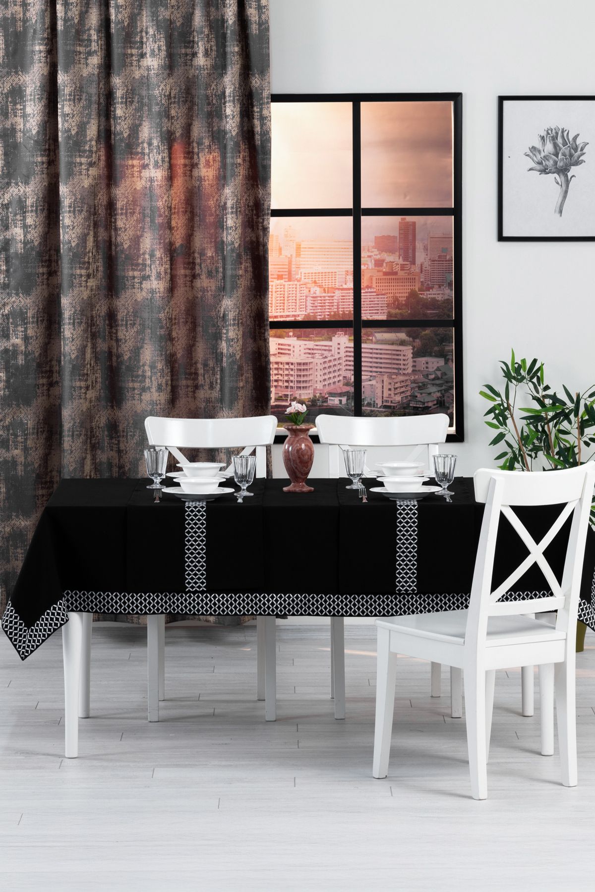 Tropikhome Alba Jakar Çember Desen Runnerlı Set Leke Tutmaz 160x260 Cm Lüks Masa Örtüsü 2 Runnerlı Set Siyah