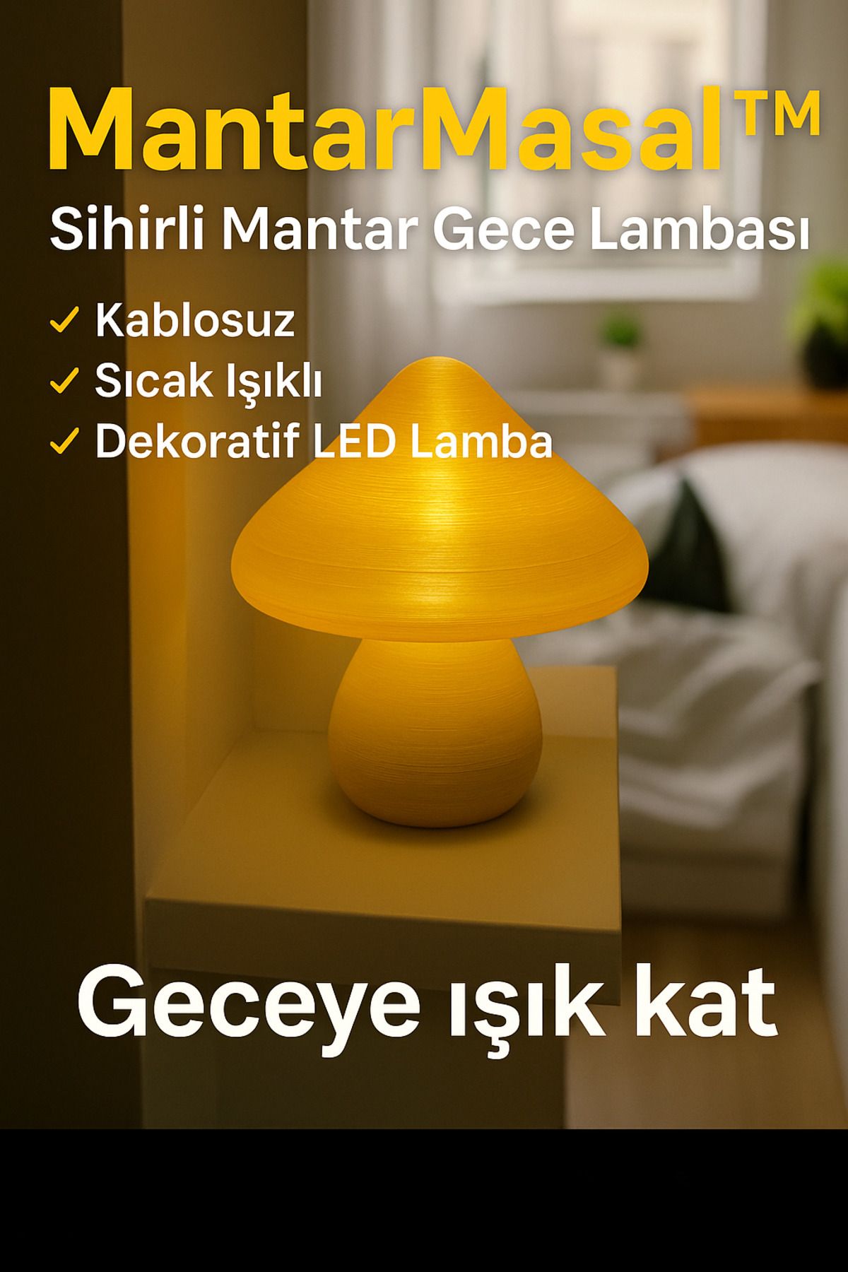 DEKORANLA Sarı Dekoratif Mantar Pilli Lamba, Şık ve Havalı Aydınlatma Seçeneği