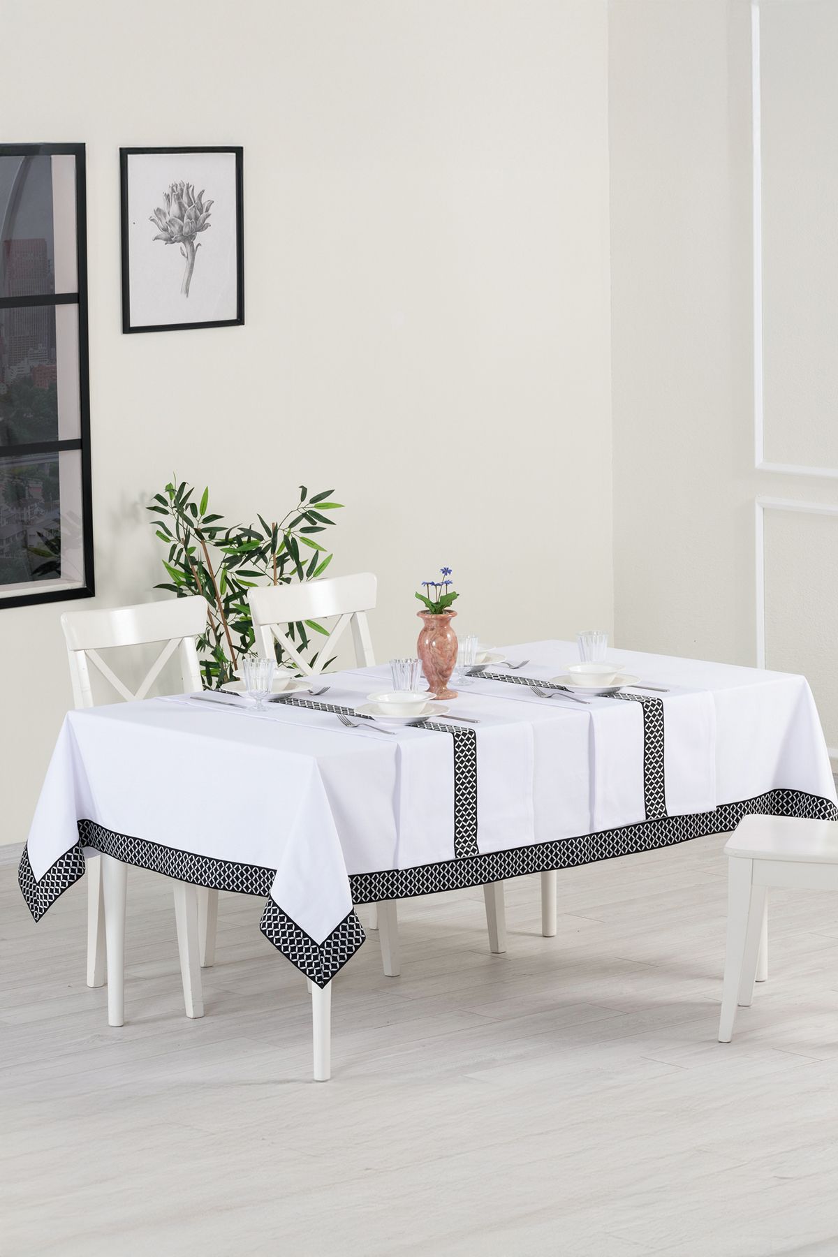 Tropikhome Alba Jakar Çember Desen Runnerlı Set Leke Tutmaz 160x220 Cm Lüks Masa Örtüsü 2 Runnerlı Set Beyaz