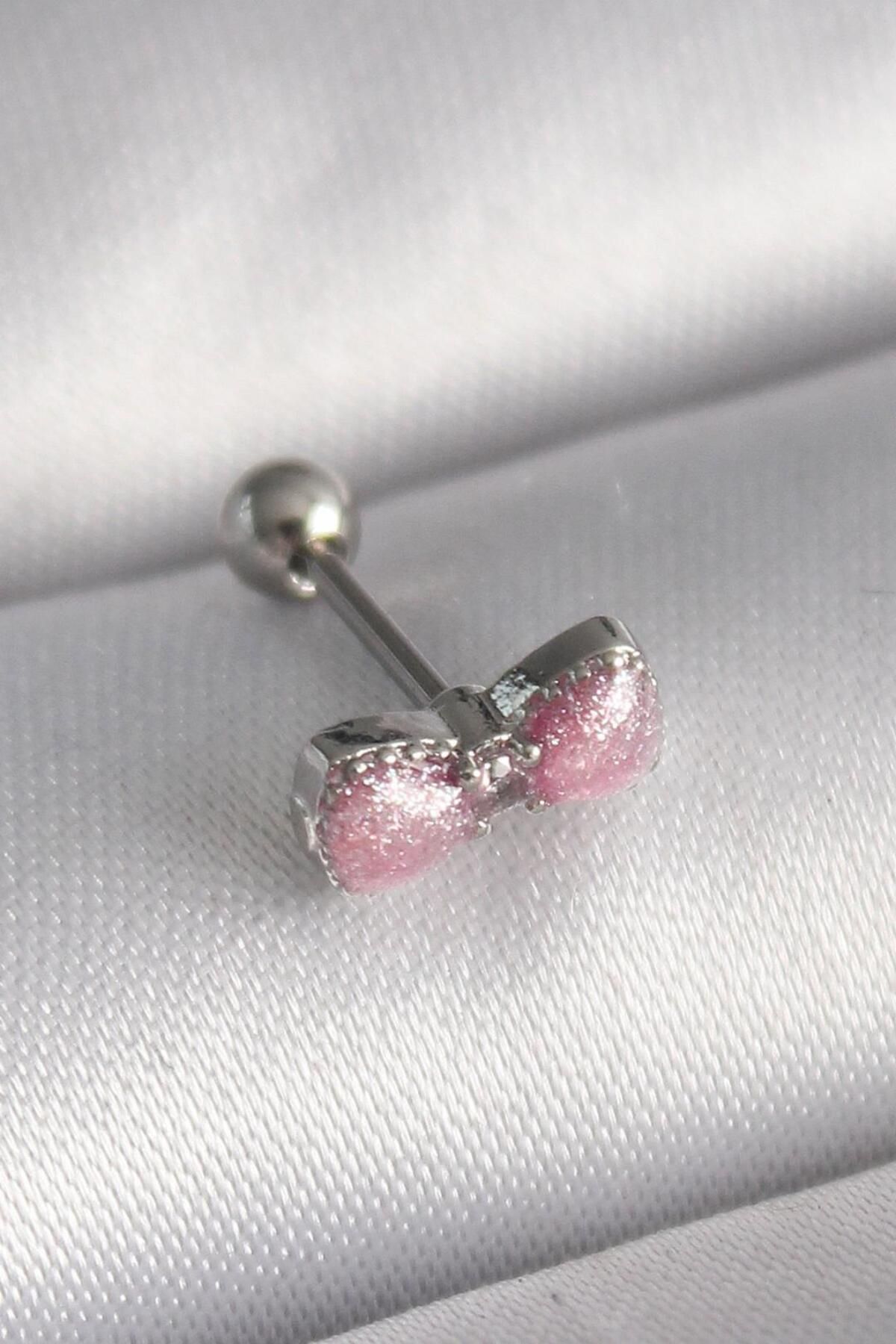 AfraBeauty 316L Çelik Gümüş Renk Pembe Kurdele Zirkon Taş Detay Tragus Piercing