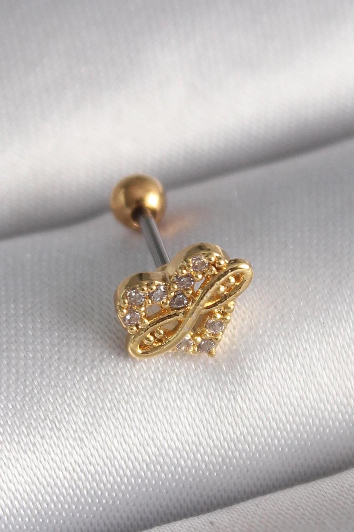 AfraBeauty 316L Çelik Gold Renk Zirkon Taşlı Kalp Sonsuzluk Detay Tragus Piercing