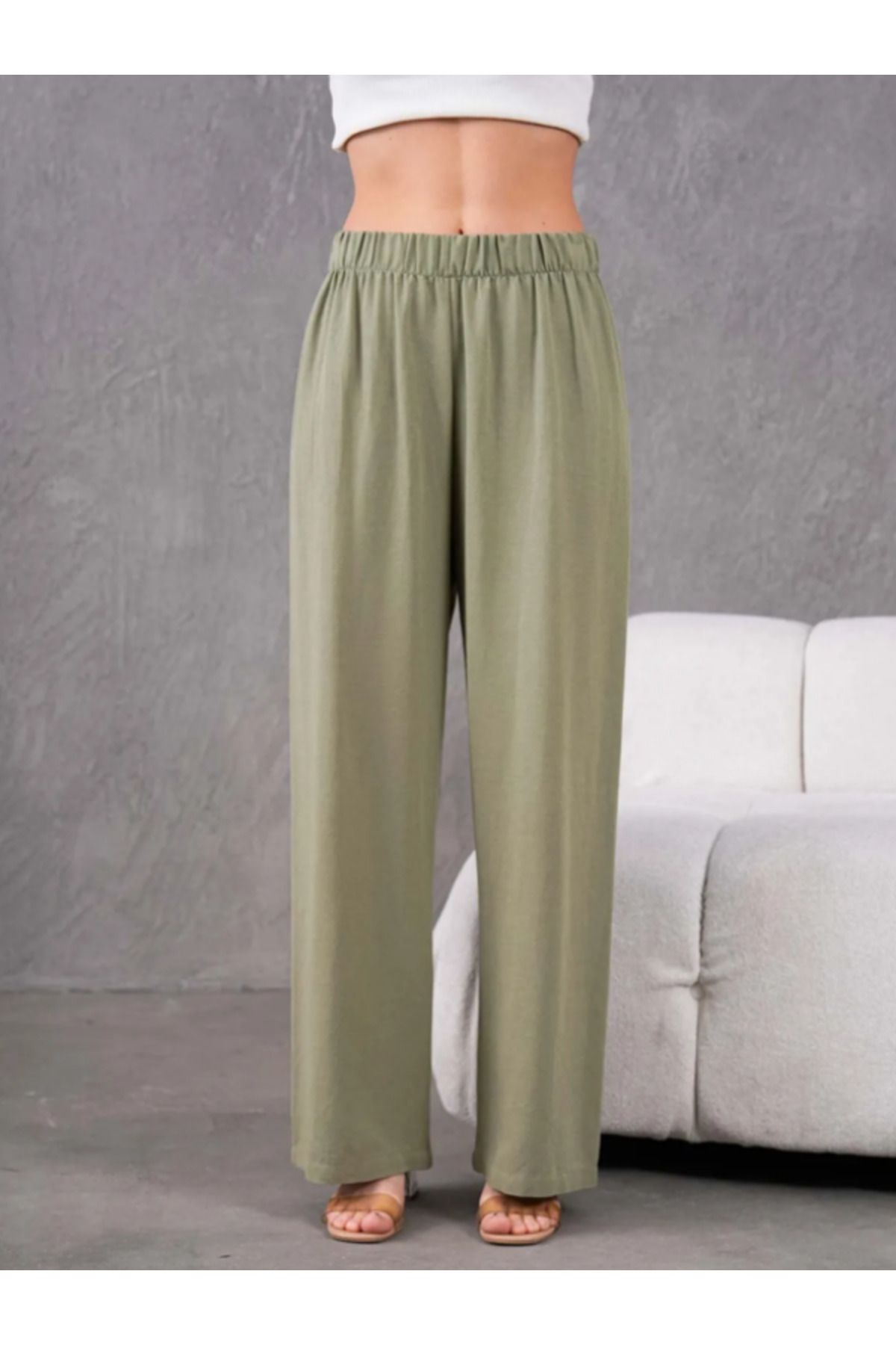 Stilmony Kadın Keten Kumaş Beli Lastikli Rahat Bol Paça Pantalon