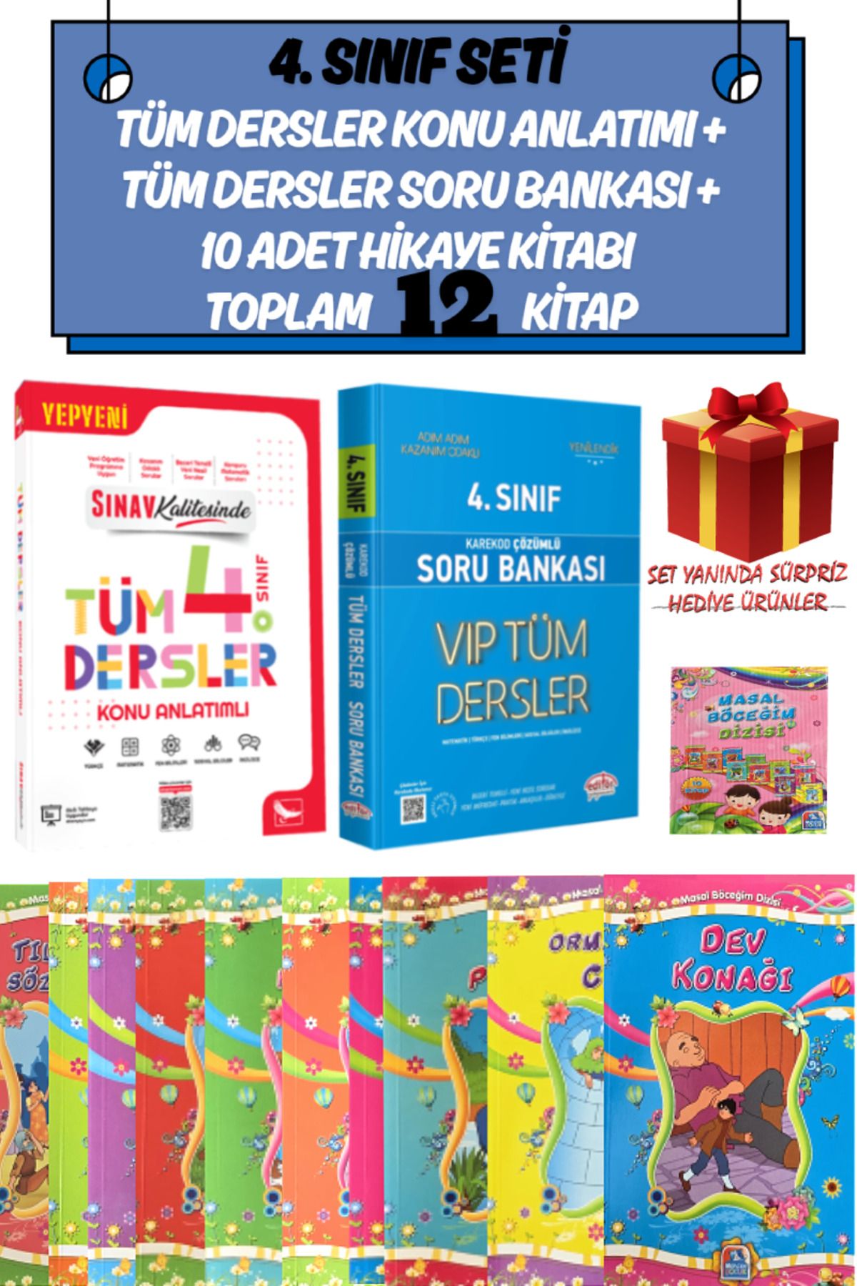 Sınav Yayınları 4. Sınıf Tüm Dersler Konu Anlatımlı+Editör Yayınları Soru Bankası+10 Türkçe Hikaye Kitabı+Hediye