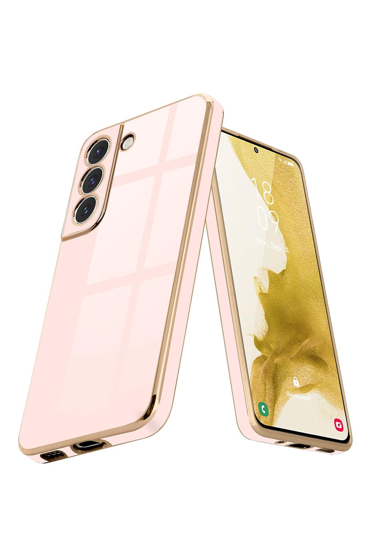 Merwish Galaxy S22 Uyumlu Lazer Kesim Gold Çerçeve Pembe Kapak Kılıf