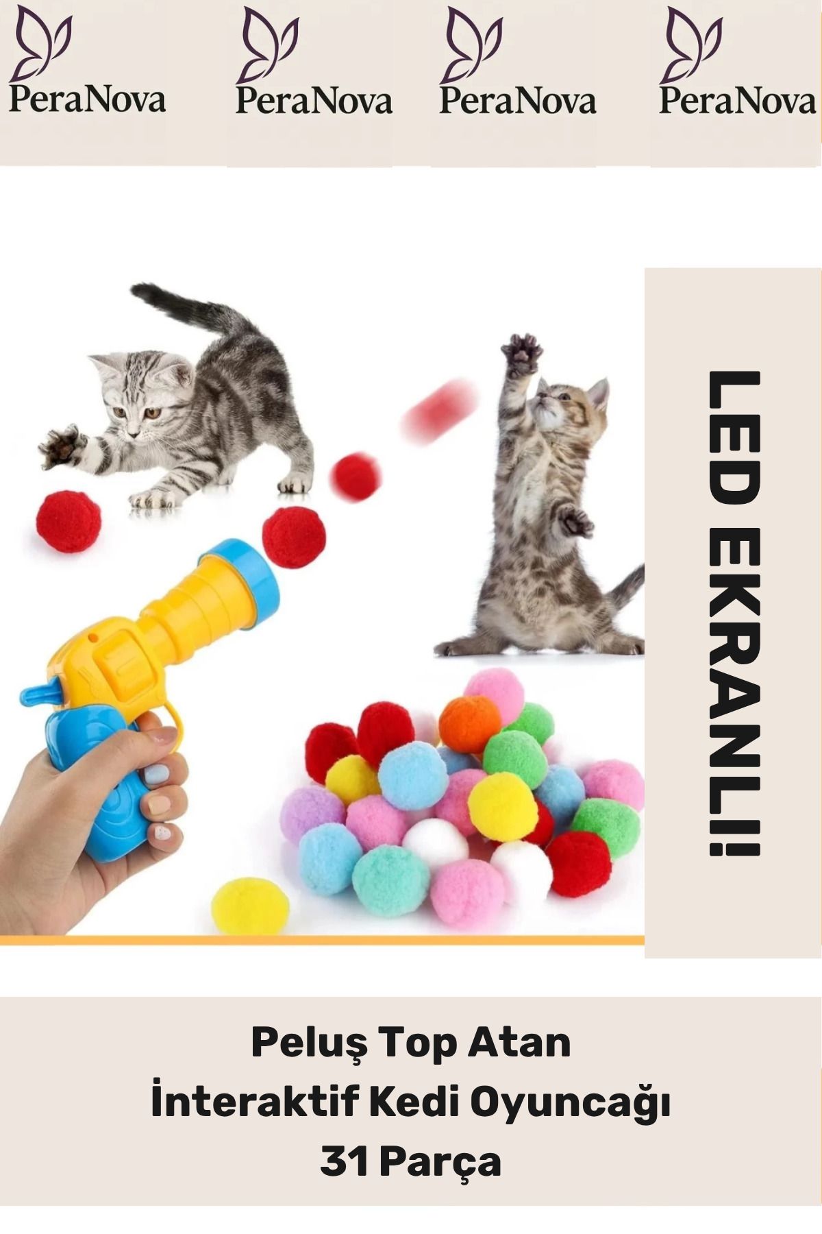 PeraNova Özel Evcil Hayvan Tabancalı Hareketli 30 Peluş Toplu Top Atan İnteraktif 31 Parça Kedi Oyuncağı Seti