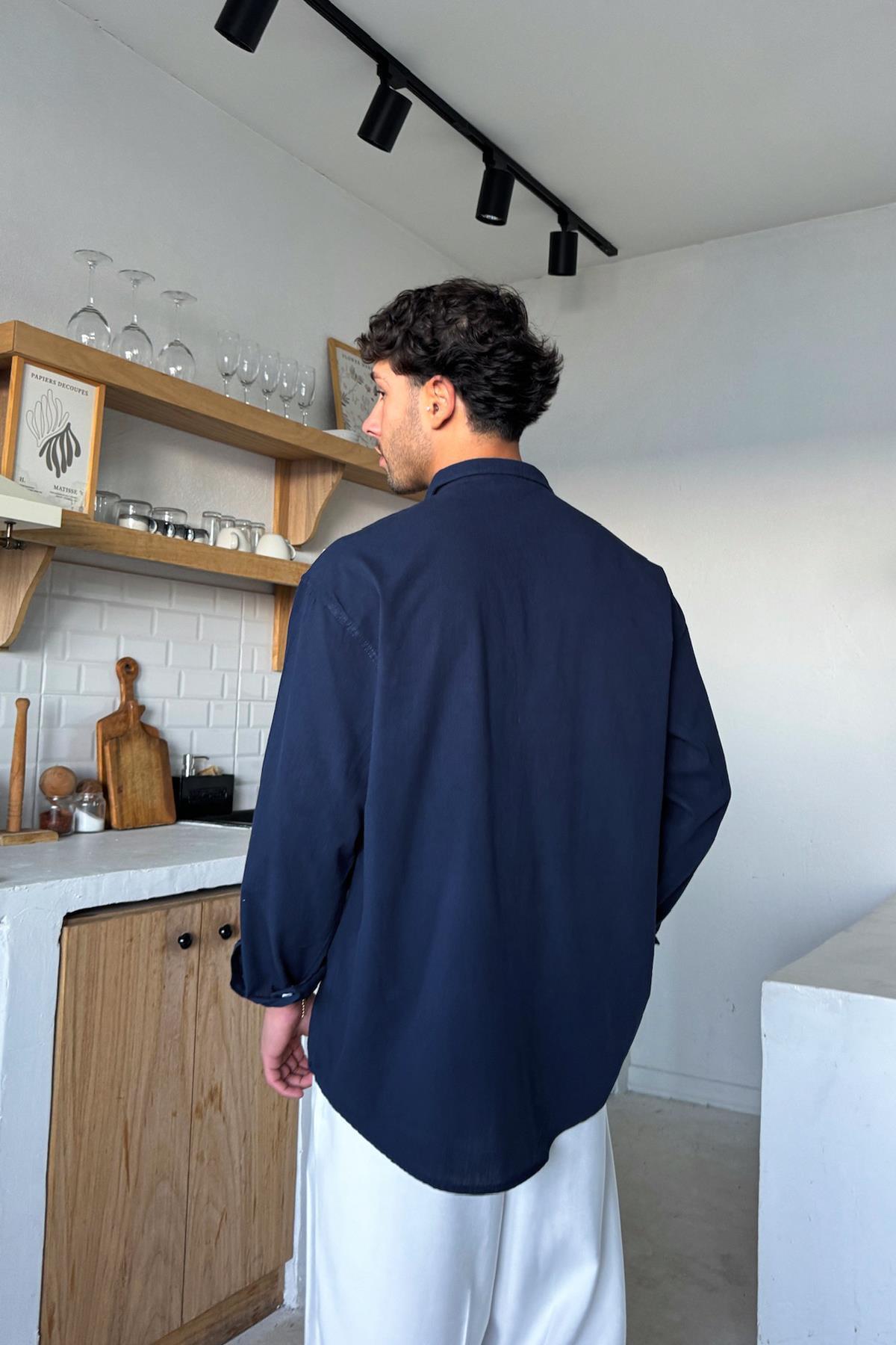 Flaw Wear  Basic Keten Gömlek Lacivert - Görsel 2