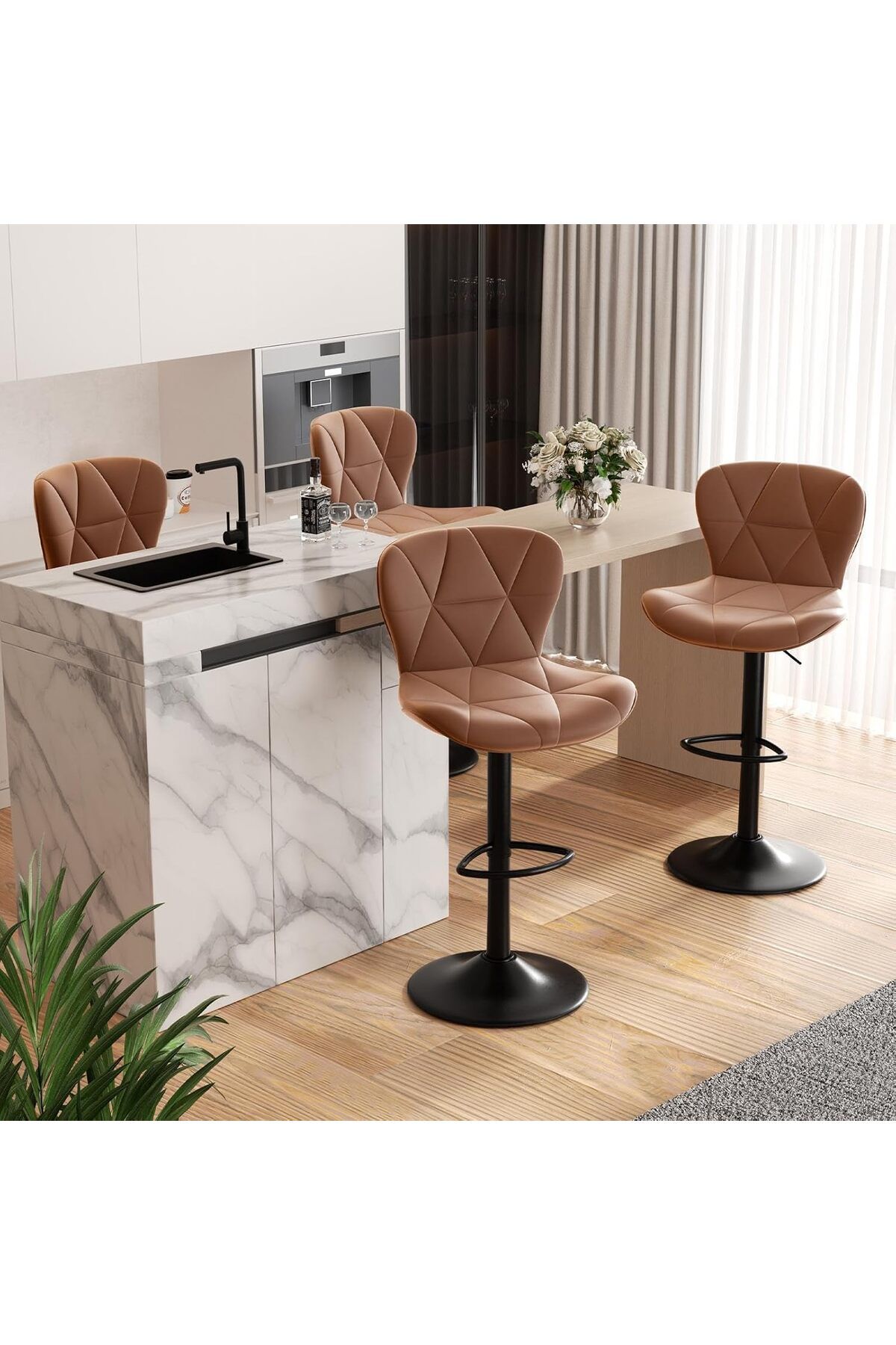 Hawthyhome 4'lü Yüksekliği Ayarlanabilir 360° Döner Suni Deri Bar Taburesi