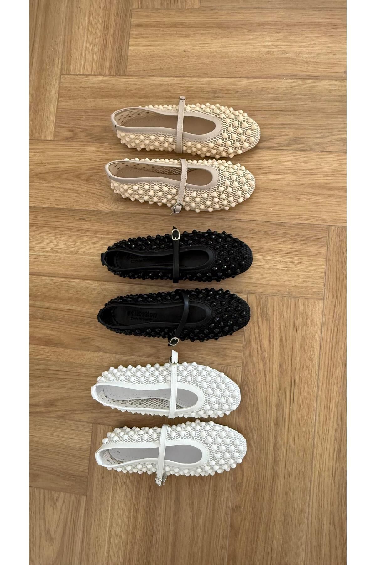 Eataly Shoes Boncuk Detaylı Siyah File Babet