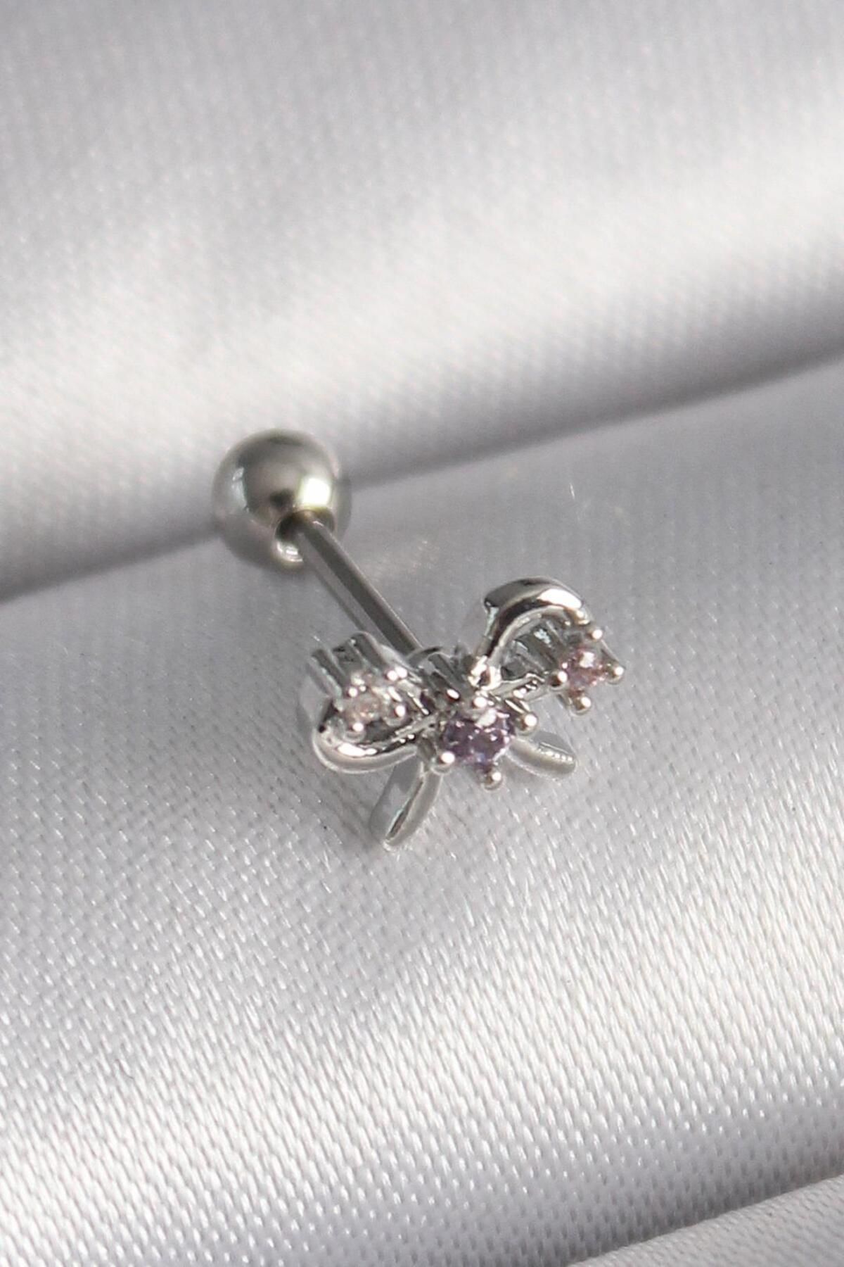 AfraBeauty 316L Çelik Gümüş Renk Zirkon Taşlı Kurdele Tragus Piercing