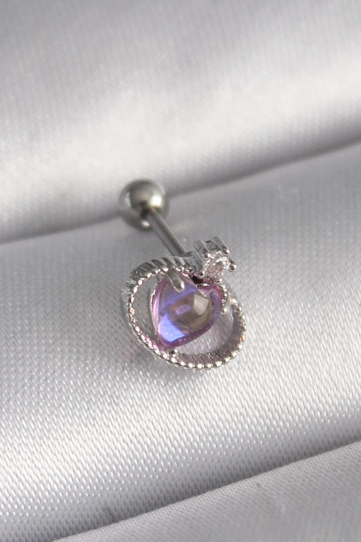 AfraBeauty 316L Çelik Gümüş Renk Mor Mineli Kalp Zirkon Taş Detay Tragus Piercing