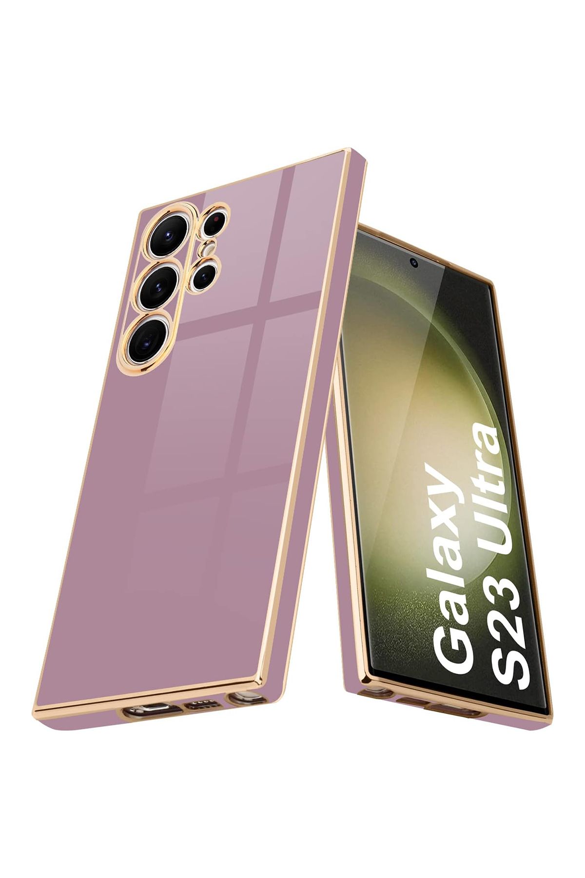 Merwish Galaxy S24 Ultra Uyumlu Lazer Kesim Gold Çerçeve Mor Kapak Kılıf