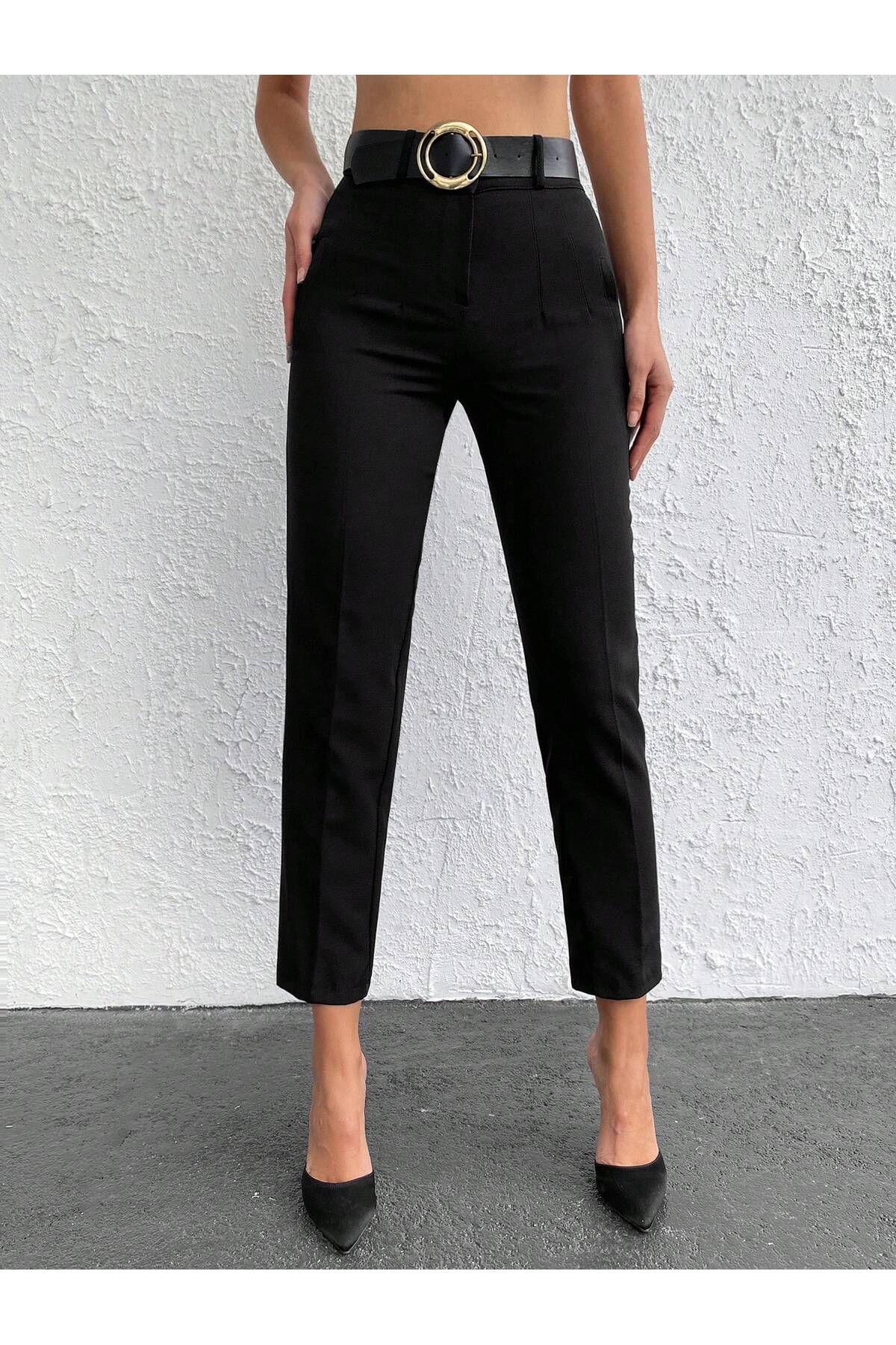Female Clothing Siyah Kemerli Bilek Boy Esnek Kumaş Pantolon