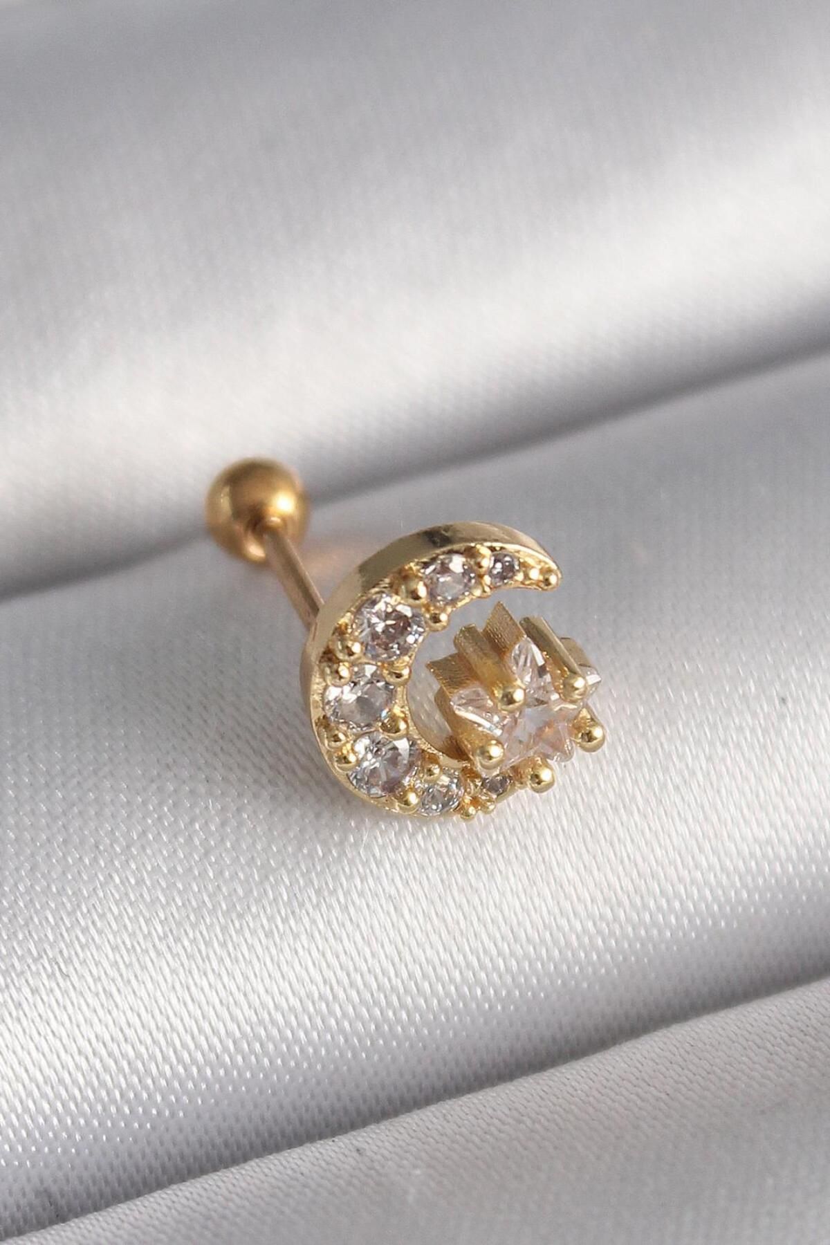 AfraBeauty 316L Çelik Gold Renk Zirkon Taşlı Ay Yıldız Tragus Piercing