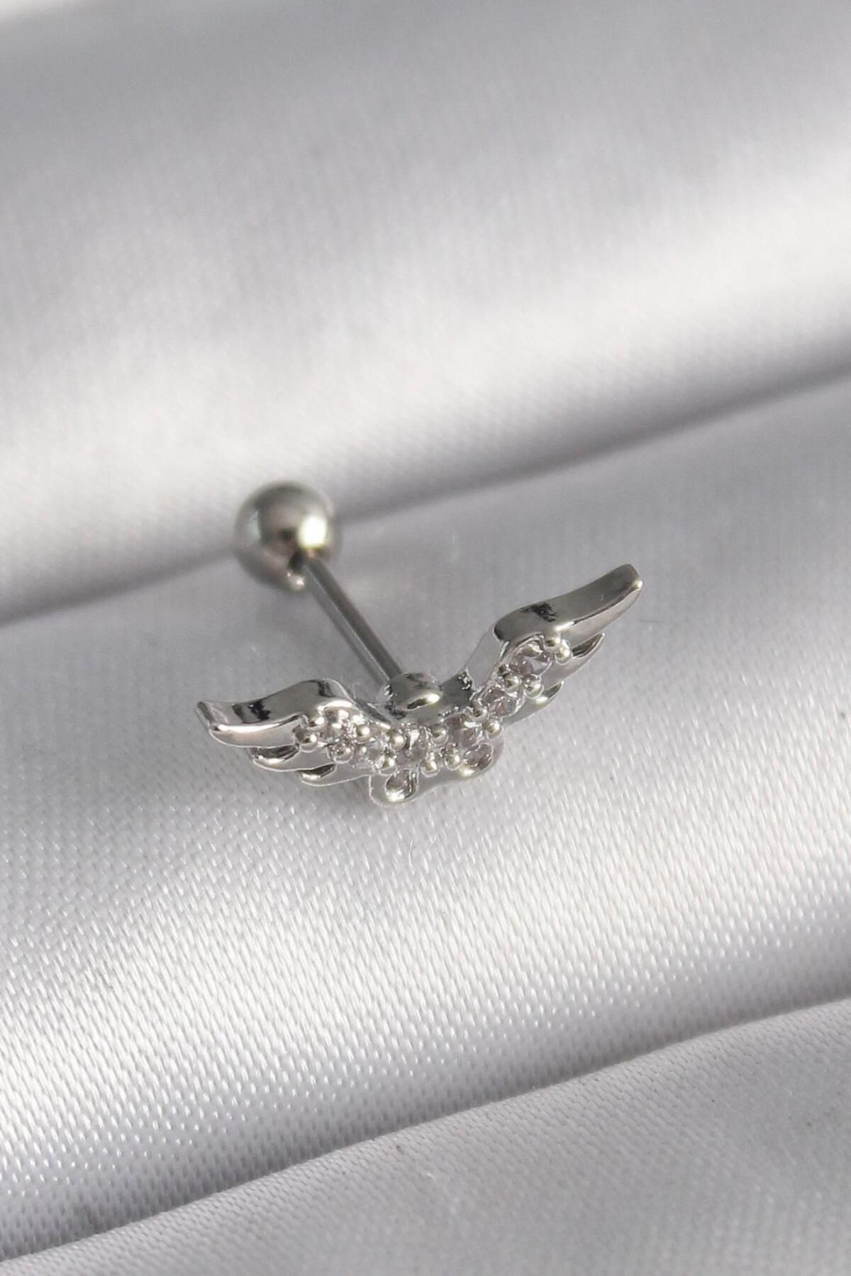 AfraBeauty 316L Çelik Gümüş Renk Zirkon Taş Detay Kanat Model Tragus Piercing