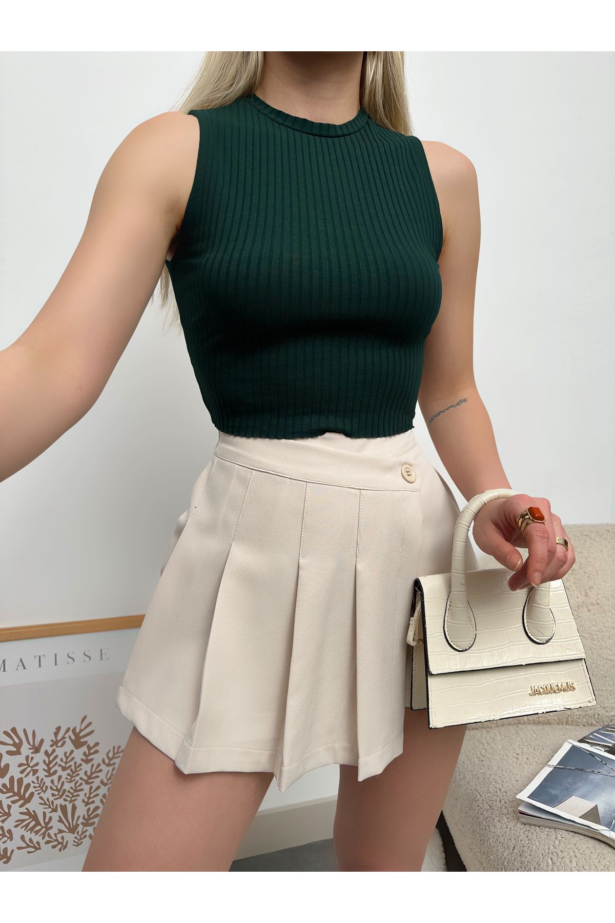 ladyzey kadınyeşil bisiklet yaka kolsuz kaşkorse crop bluz