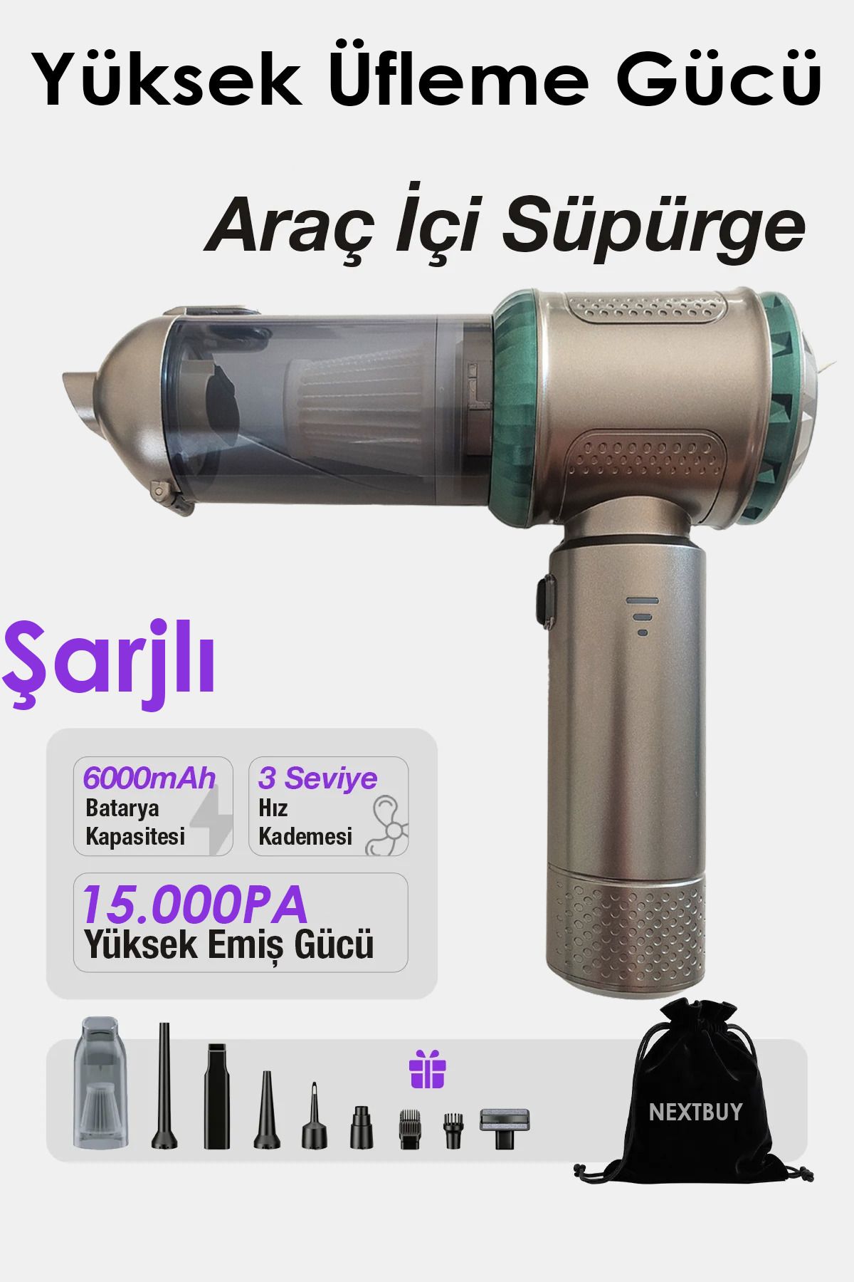 nextbuy Taşınabilir Şarjlı 15.000PA 3Kademeli Vakumlu Süpürge Üflemeli ÇokAmaçlı Araç İçi El Süpürgesi AHV10