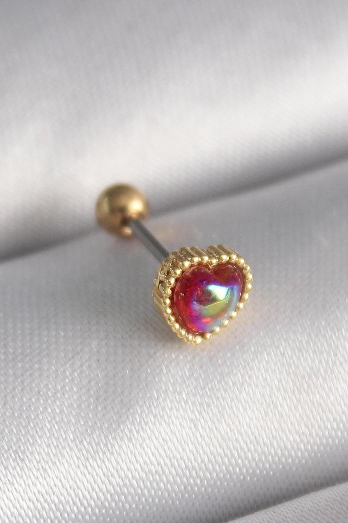 AfraBeauty 316L Çelik Gold Renk Kırmızı Mineli Kalp Tragus Piercing