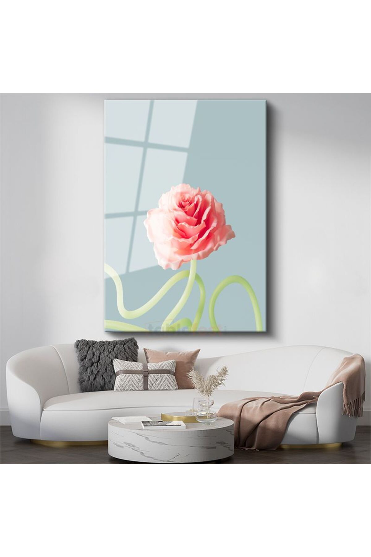 Tablofest Pastel Gül - Mavi Fonda Minimalist Çiçek Portresi Cam Tablo
