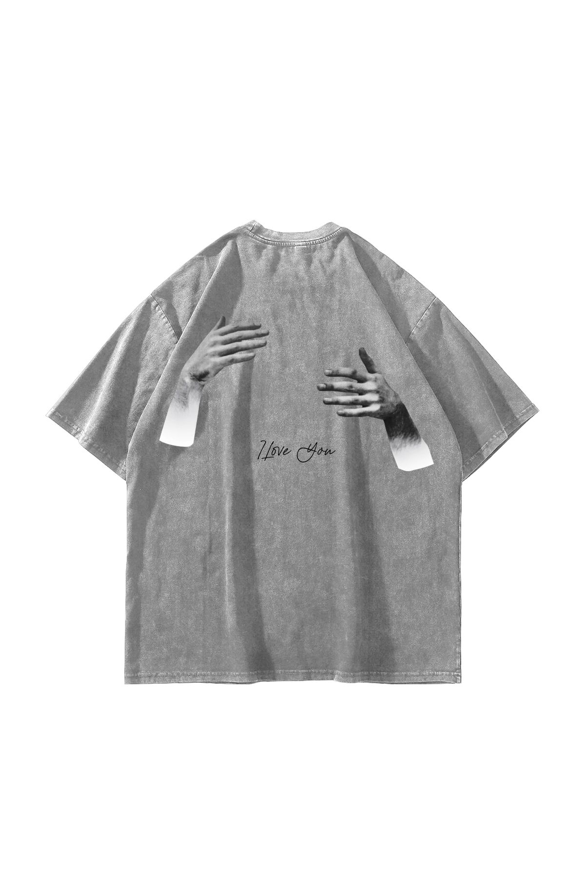 Sekizbiraltı I Love You Baskılı Oversize Unisex Yıkamalı Beyaz Tshirt