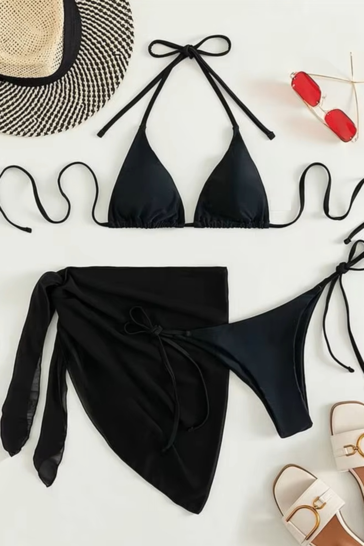 Angelsin Pareolu Bağlamalı 3'lü Bikini Takım Set (Çıkartılabilir Kaplı)
