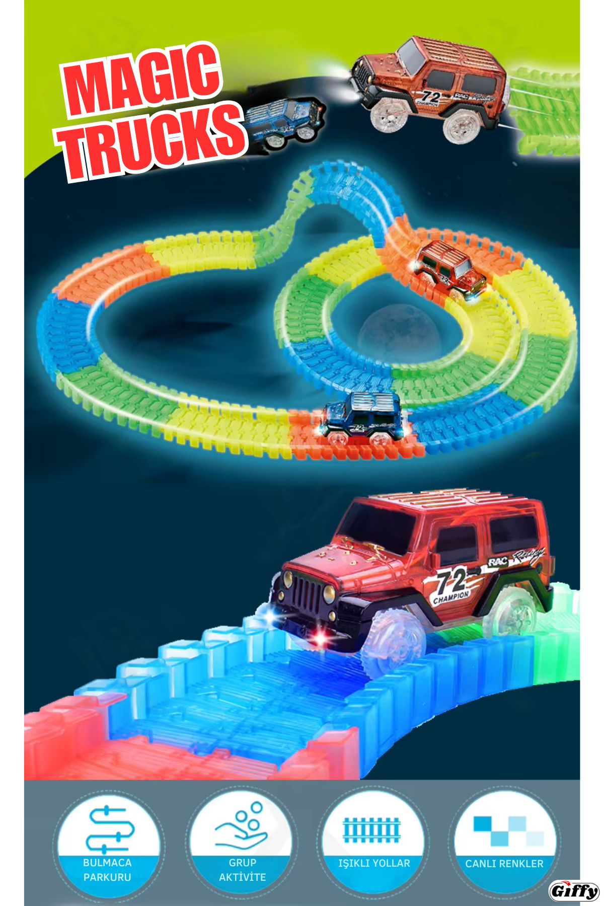 giffy Oyuncak Magic Tracks Hareketli Raylar 384 Parça 2 Işıklı Arabalı Oyuncak Karanlıkta Parlayan Sihirli