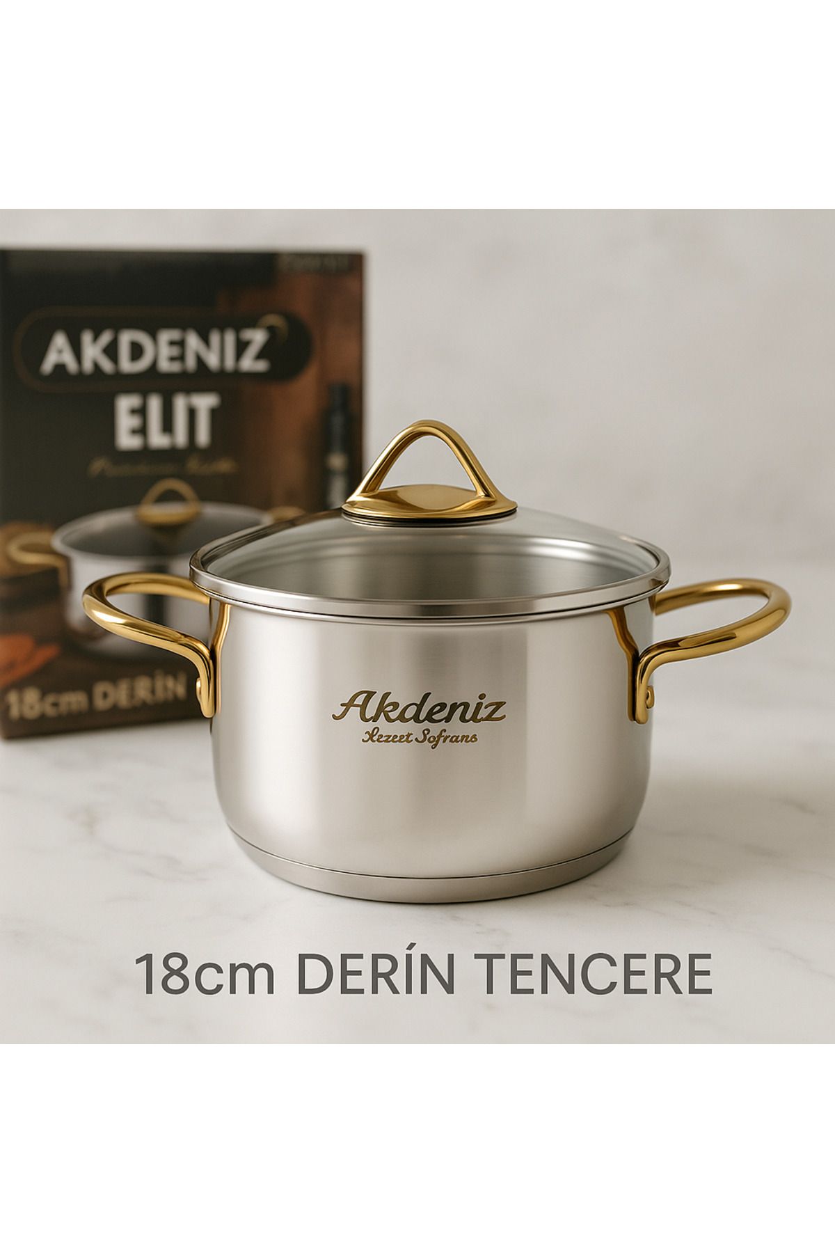 Akdeniz Elit Serisi 20 cm 3 Lt Gold Kulplu Paslanmaz Çelik Tencere – Cam Kapaklı, Şık 18/10
