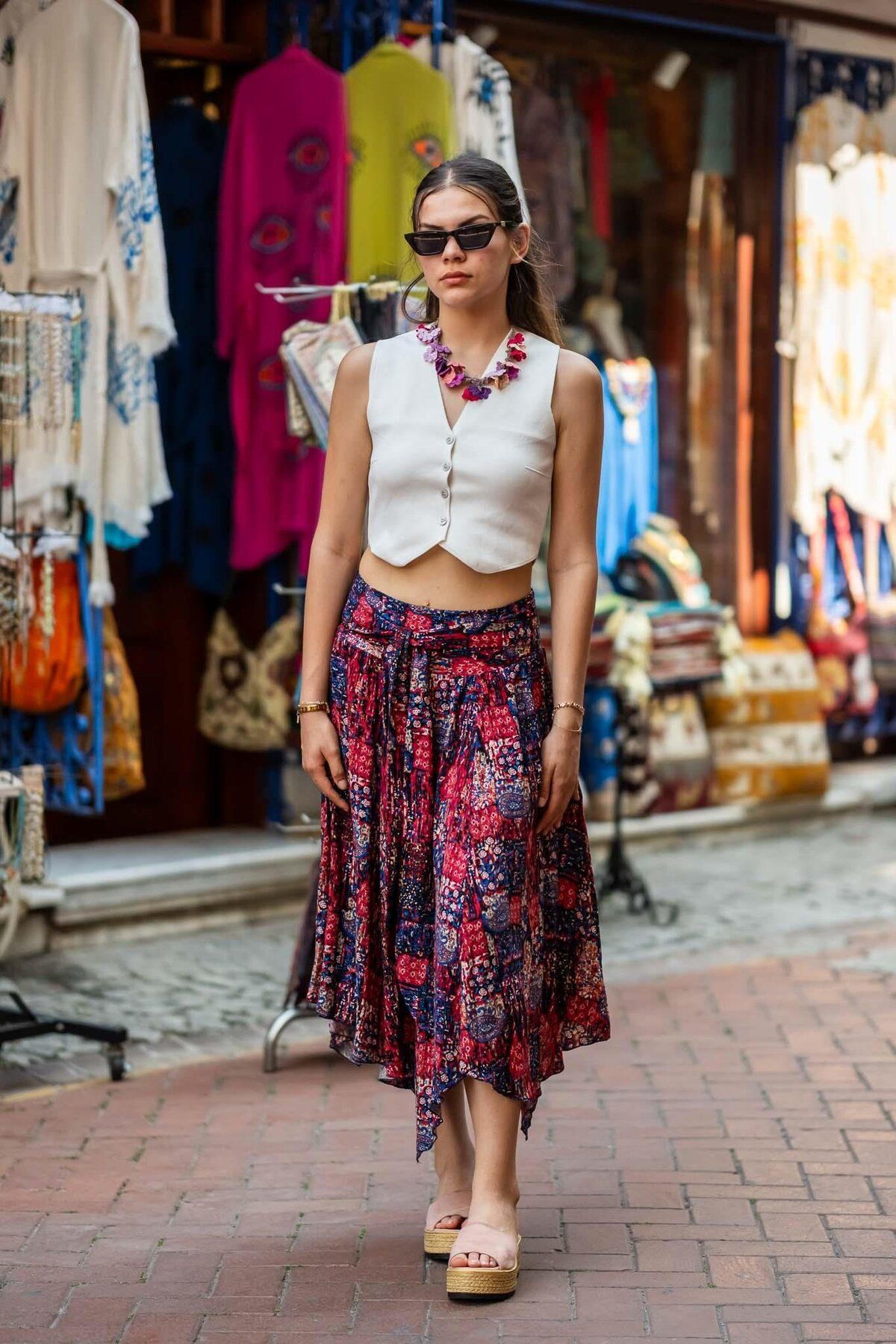 Miss Boheme Kırmızı Renk Beli Lastikli Drape Detaylı Etnik Etek