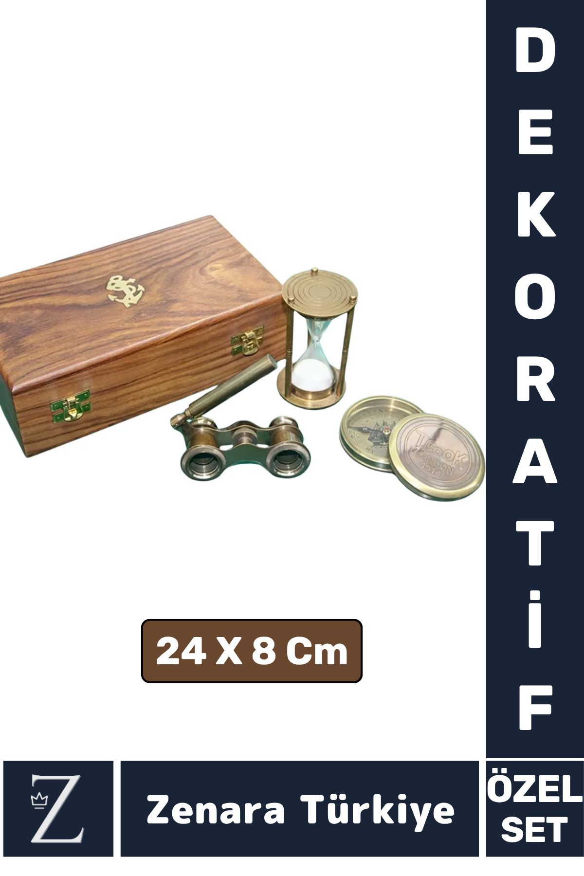 DEKORANLA Denizci Temalı Ahşap Set, Pusula, Kum Saati ve Dürbün, Şık Hediye