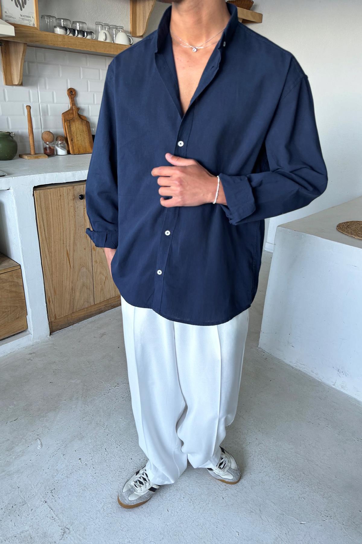 Flaw Wear  Basic Keten Gömlek Lacivert - Görsel 3