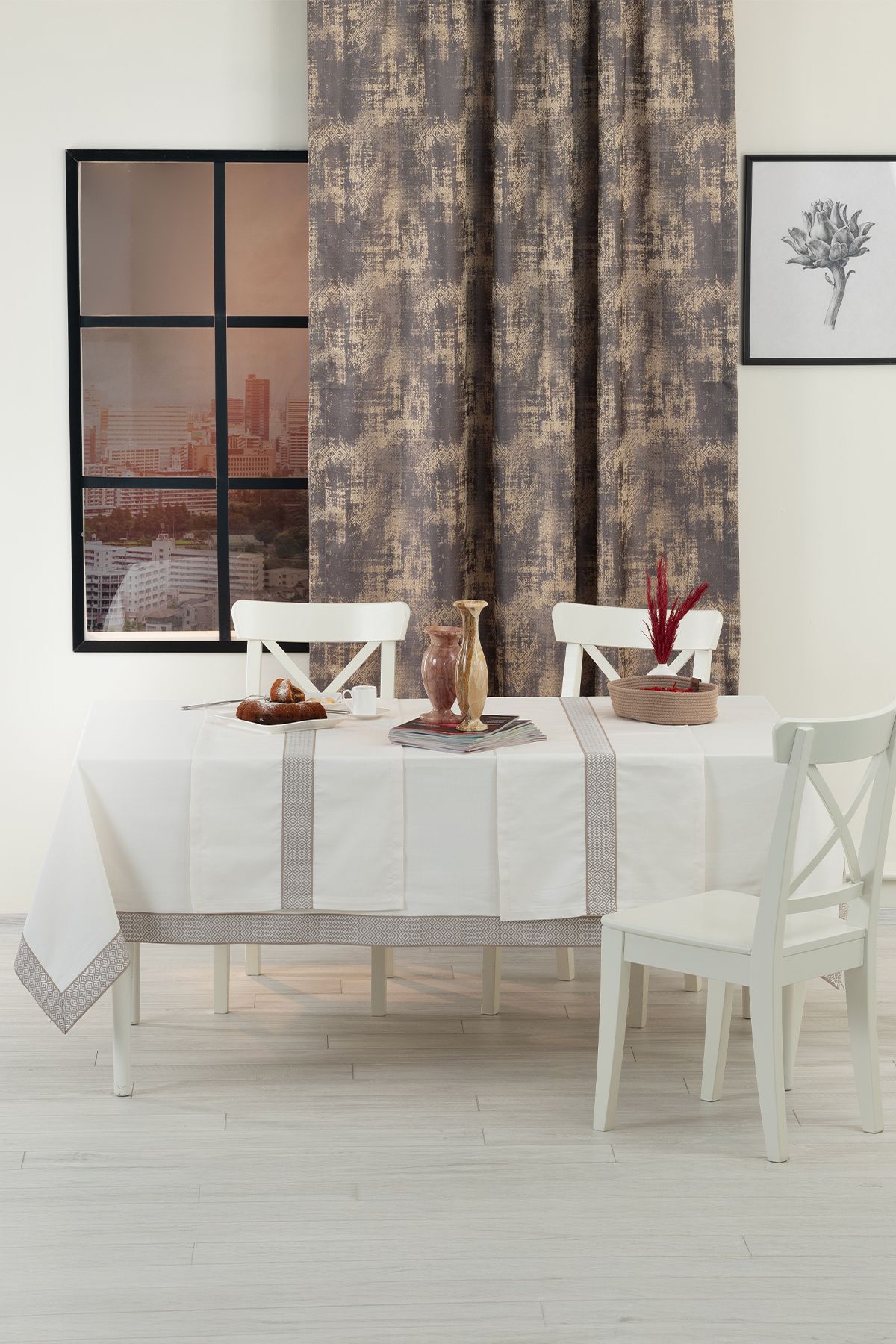 Tropikhome Alba Jakar Nokta Desen Runnerlı Set Leke Tutmaz 160x220 Cm Lüks Masa Örtüsü 2 Runnerlı Set Krem