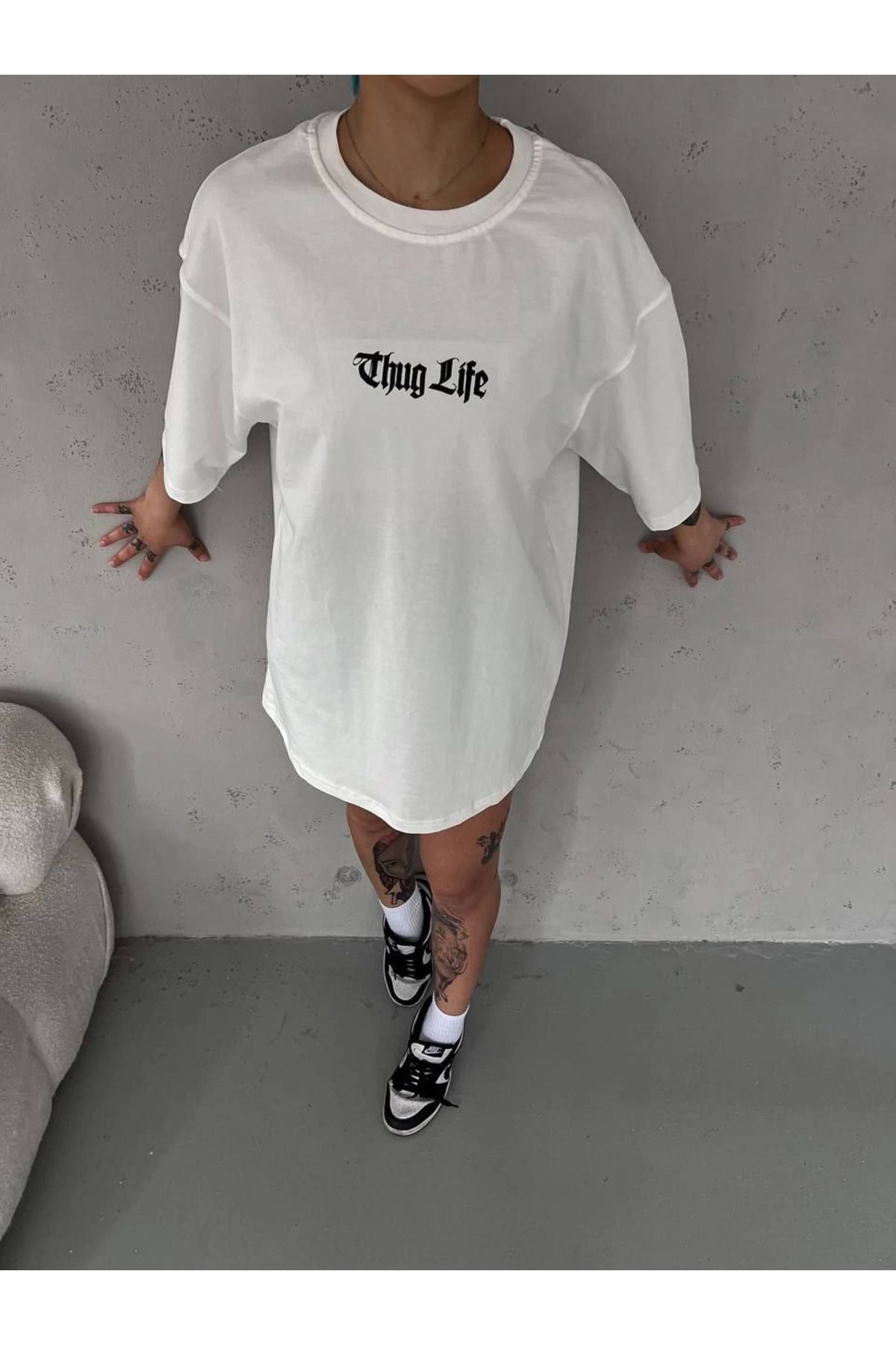 Serero Unisex Bisiklet Yaka Baskılı Oversize T-Shirt - Beyaz