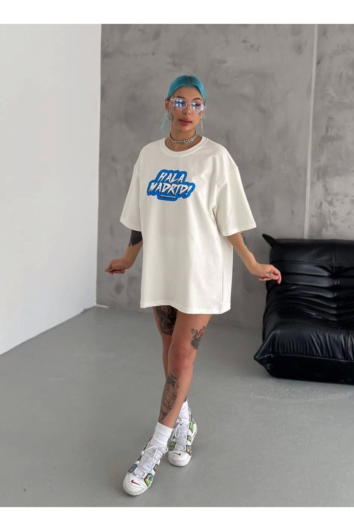 Serero Unisex Bisiklet Yaka Baskılı Oversize T-Shirt - Beyaz