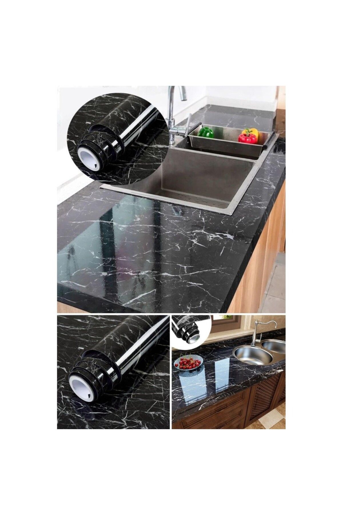 Bestech Siyah Yapışkanlı Kaplama Kağıdı Mermer Desenli Büyük Boy 5 Metre