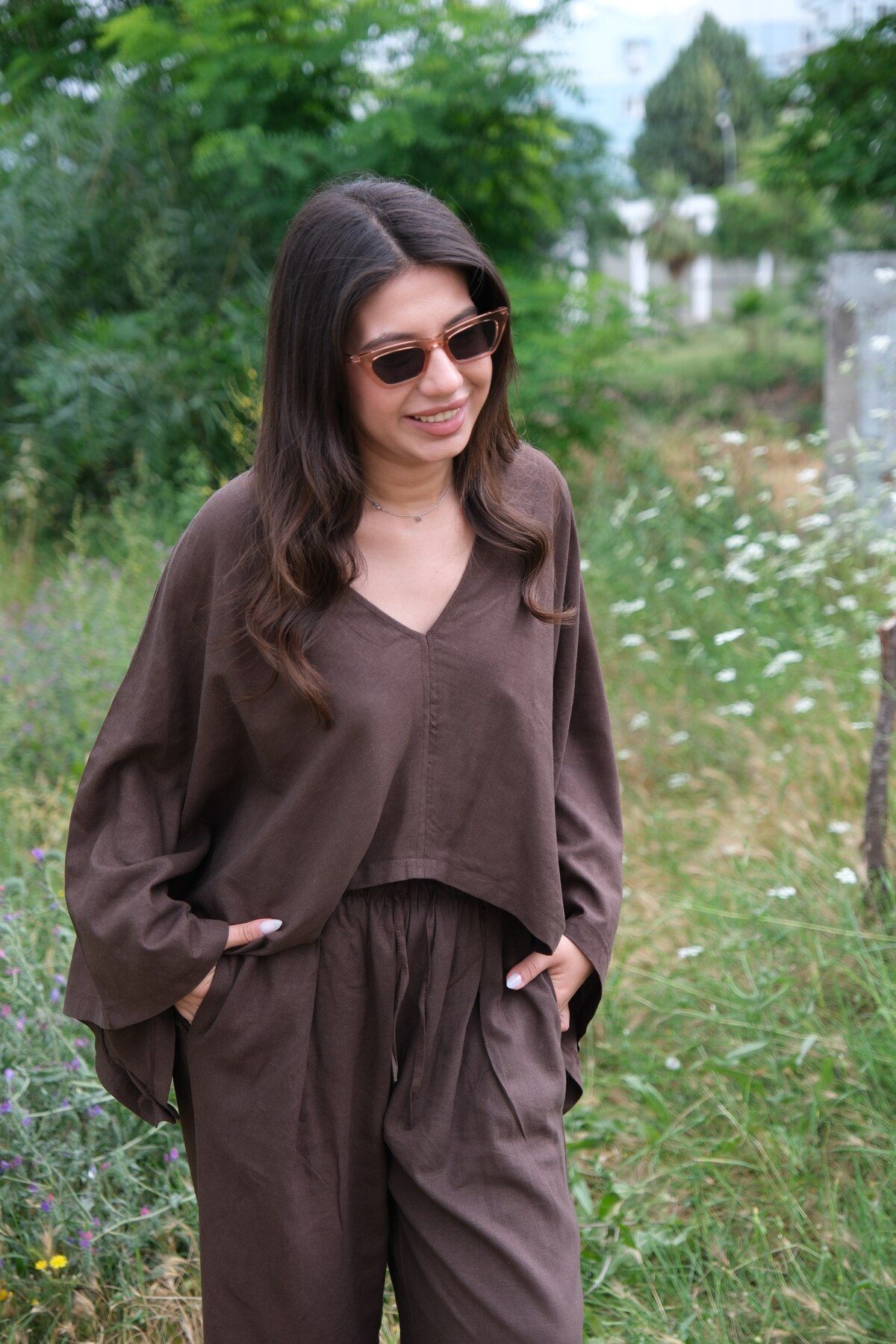 Wearshai Bej Keten Yarasa Kol Oversize Takım – Kadın Yazlık İkili Takım