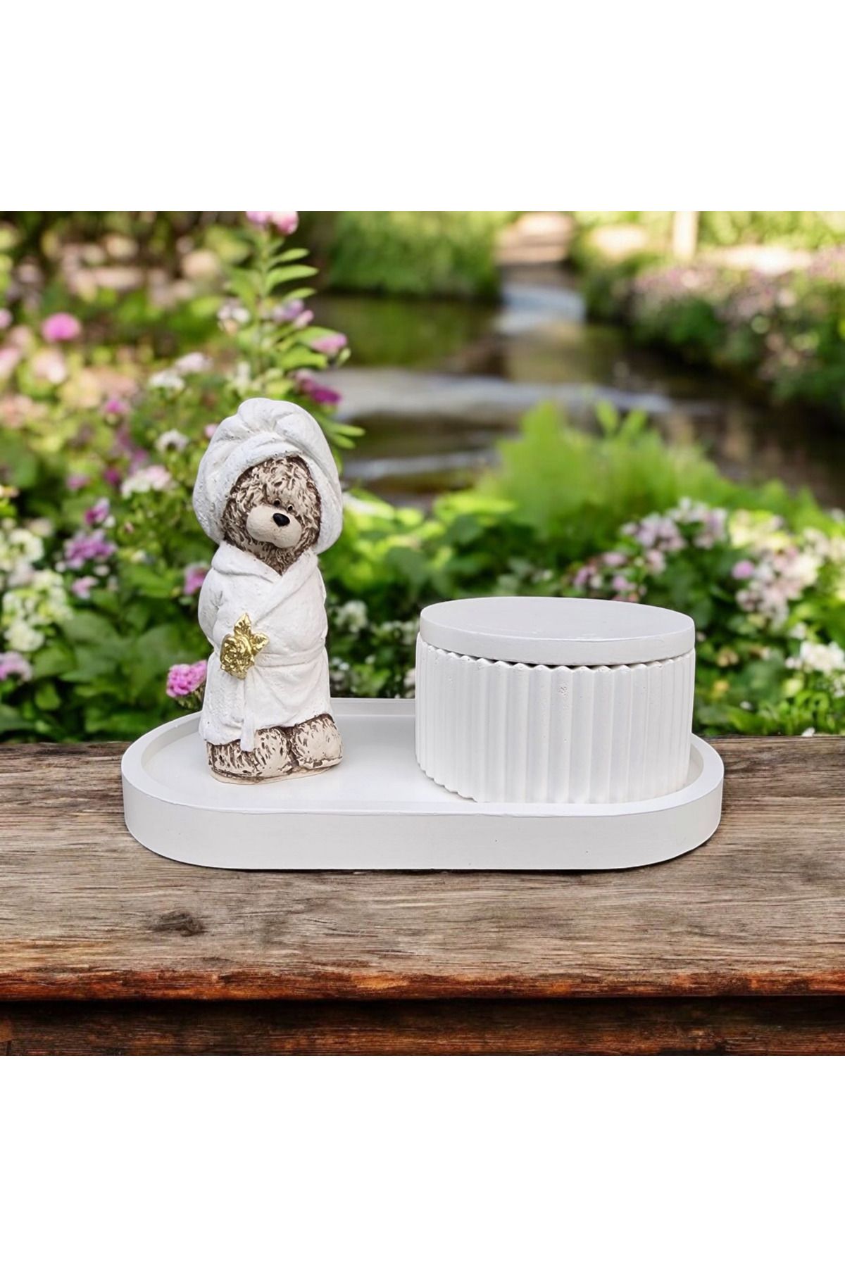 DEKORANLA Yumuşak Teddy Ayıcık Bornozlu Banyo Takımı, Organizer ve Dekoratif Set, 3'lü