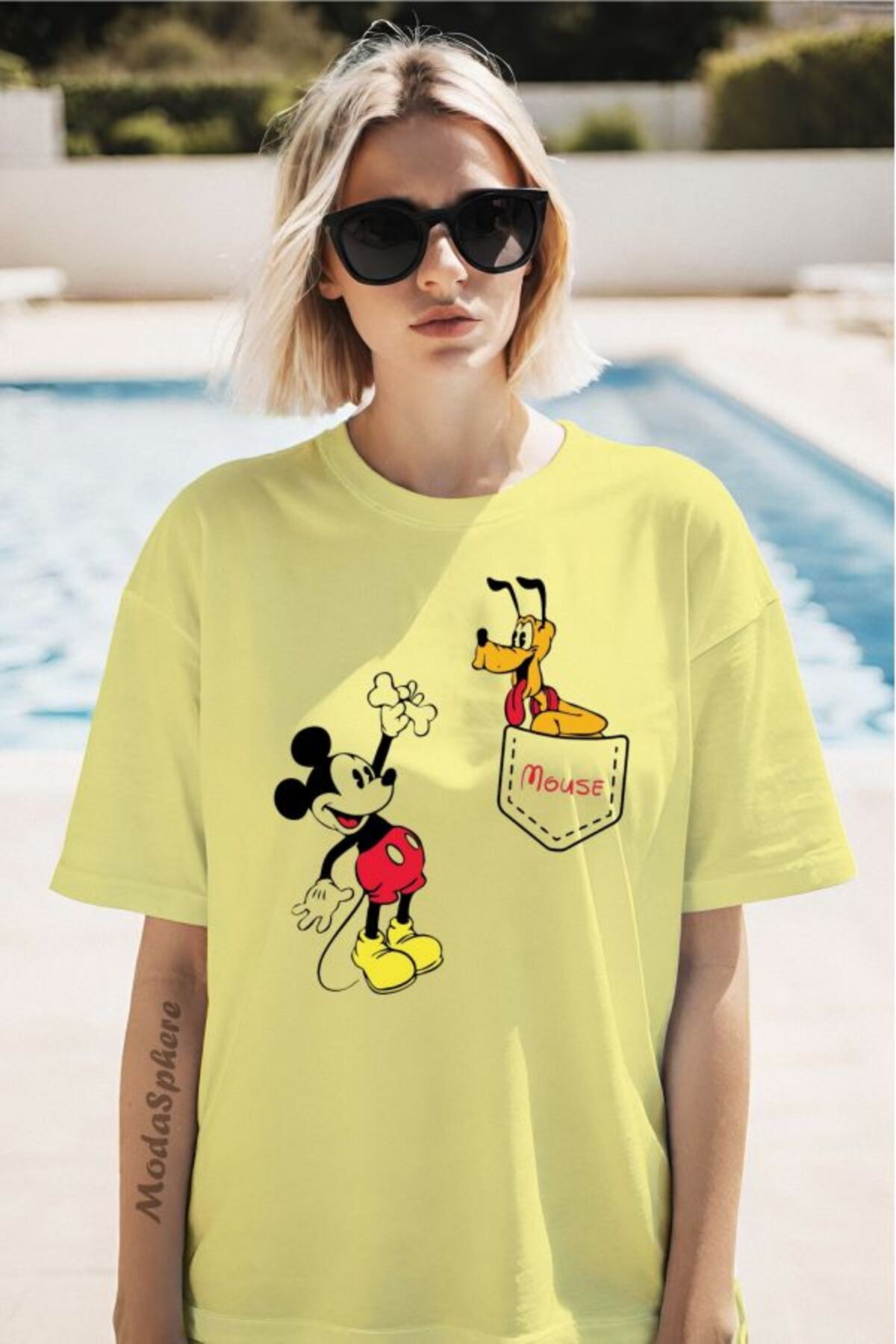 ModaSphere MICKEY Baskılı Cep Görselli Unisex Oversize Tişört