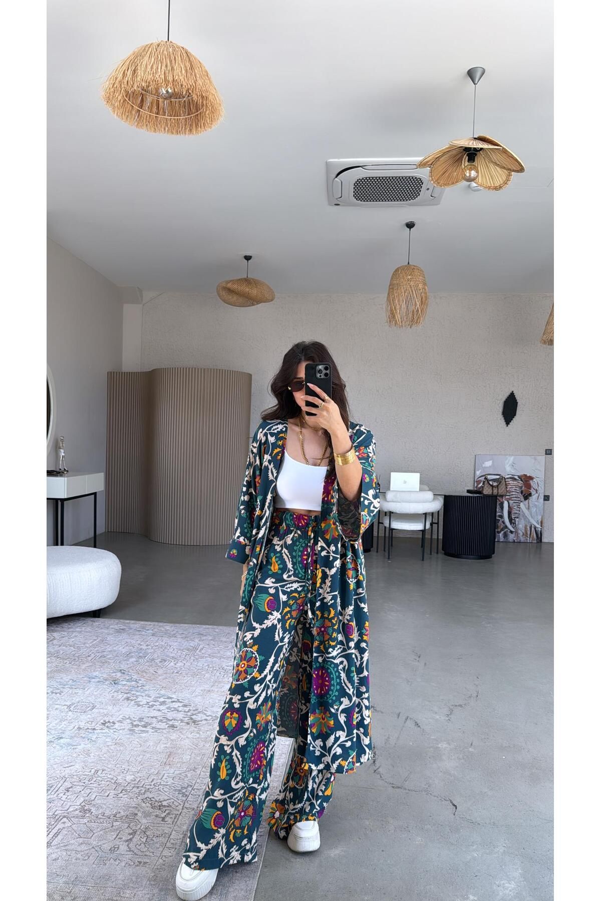 Buket Teke Petrol Juna Kimono Pantolon Takım