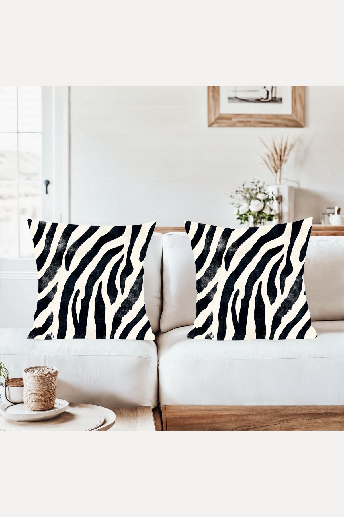 farbala Siyah Beyaz Zebra Desenli Kombin Gizli Fermuarlı Kırlent Kılıfı Koltuk Yastık Kılıfı Takım(2ADET)