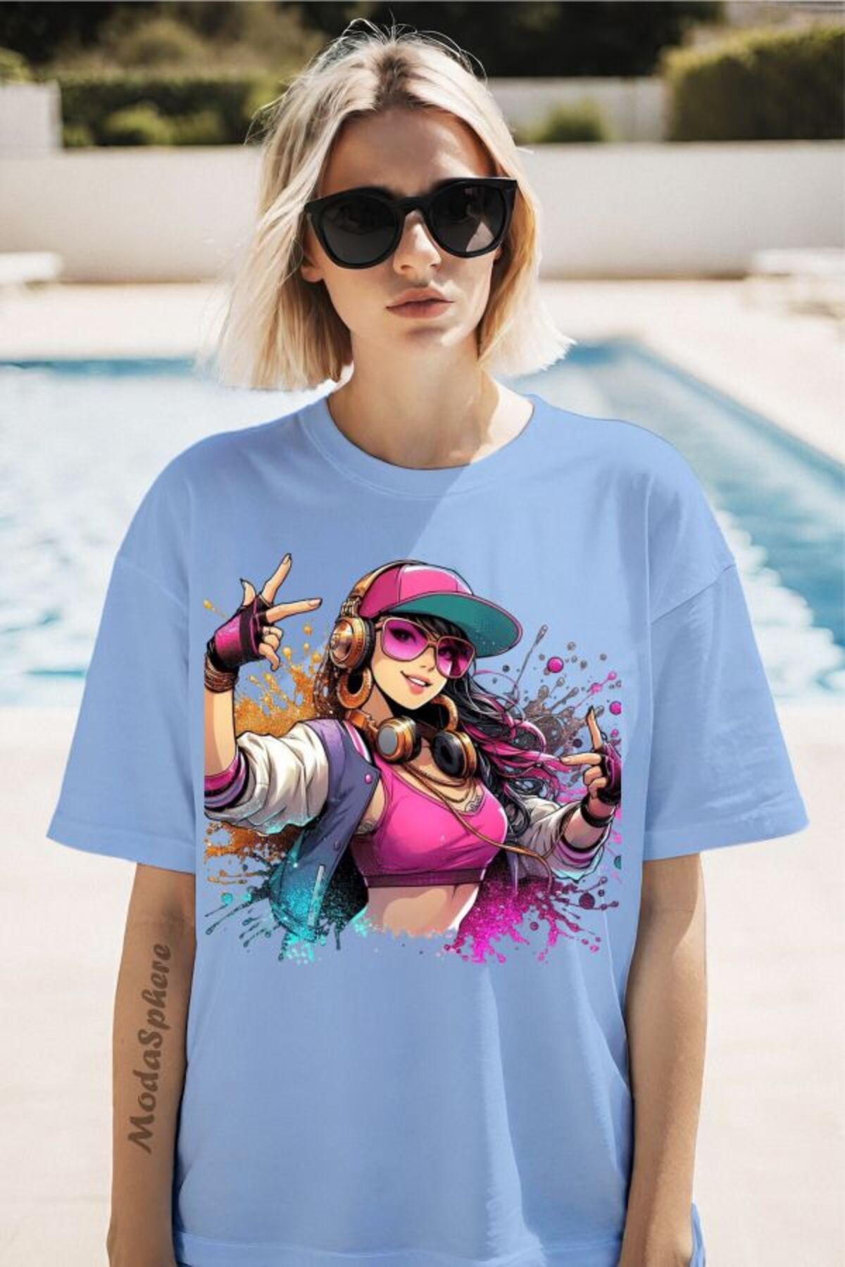 ModaSphere Şapkalı Kız Baskılı Unisex Oversize Tişört