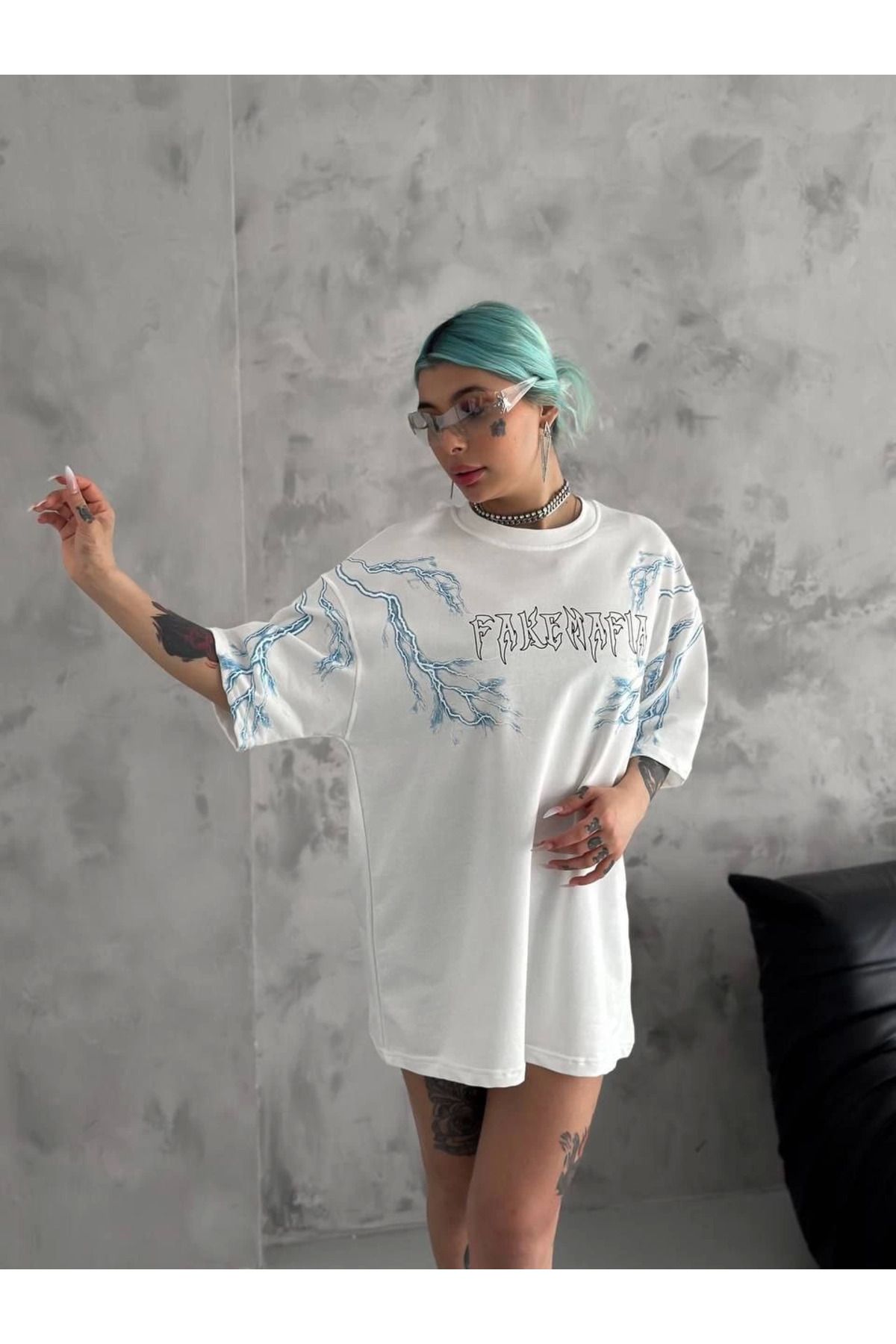 Serero Unisex Bisiklet Yaka Baskılı Oversize T-Shirt - Beyaz