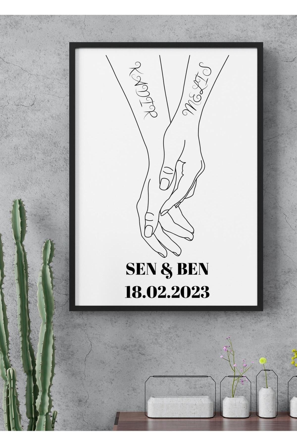 DEKORANLA Kişiye Özel Çift El Baskı, Yıldönümü ve Evlilik Hediye, Çerçevesiz Renkli