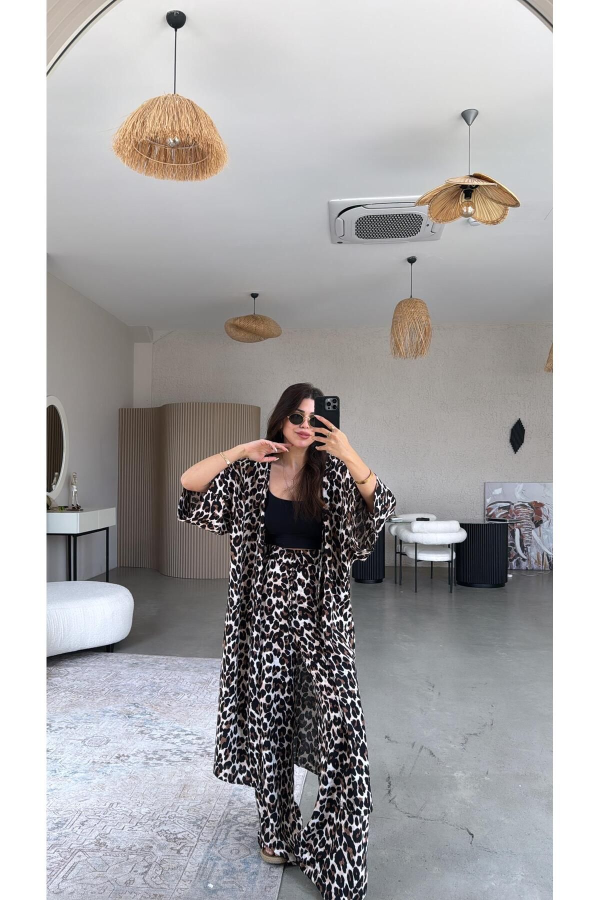 Buket Teke Leopar Juna Kimono Pantolon Takım